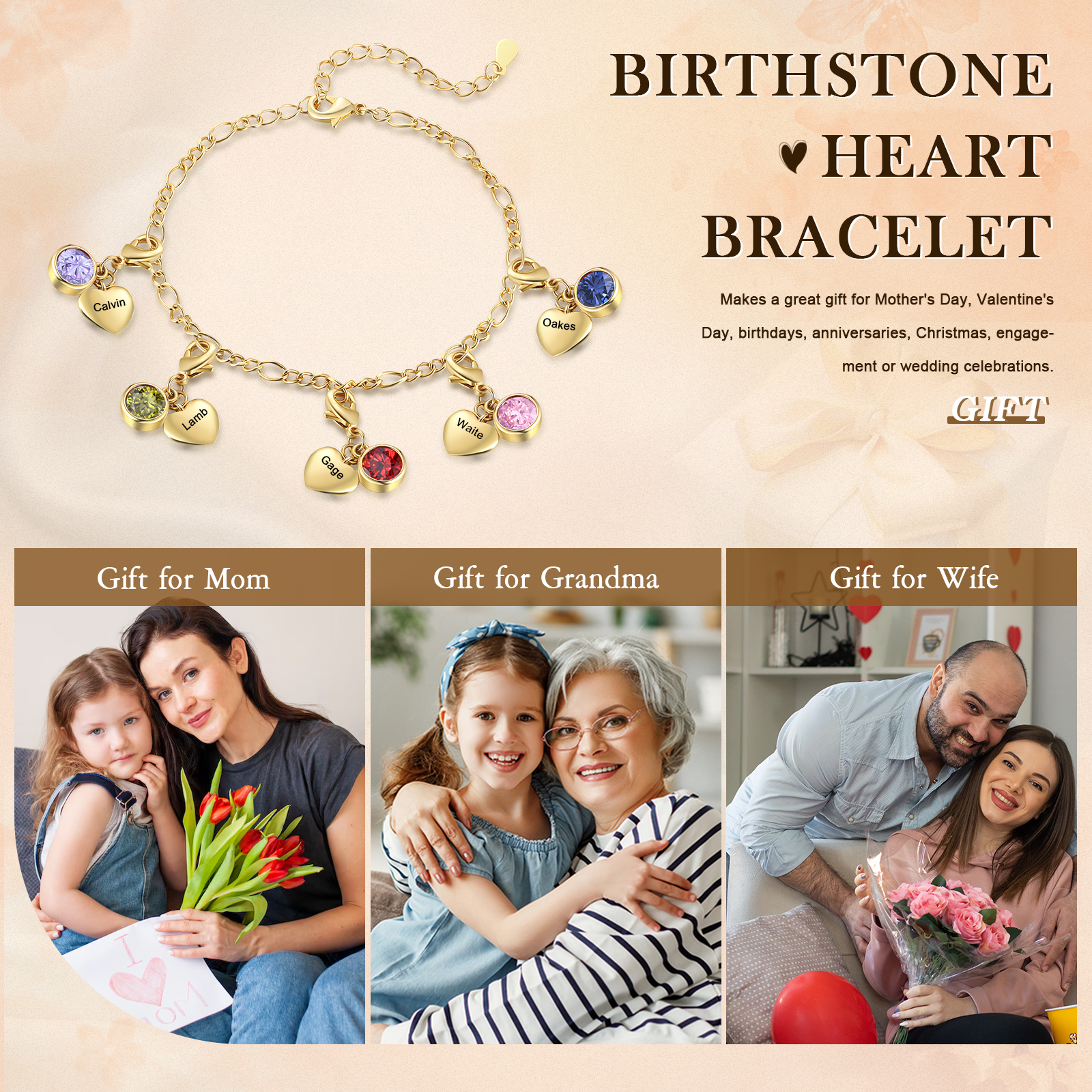 Pulsera con colgantes de 5 nombres y 5 piedras de nacimiento pulsera personalizada para mujer | Jessemade