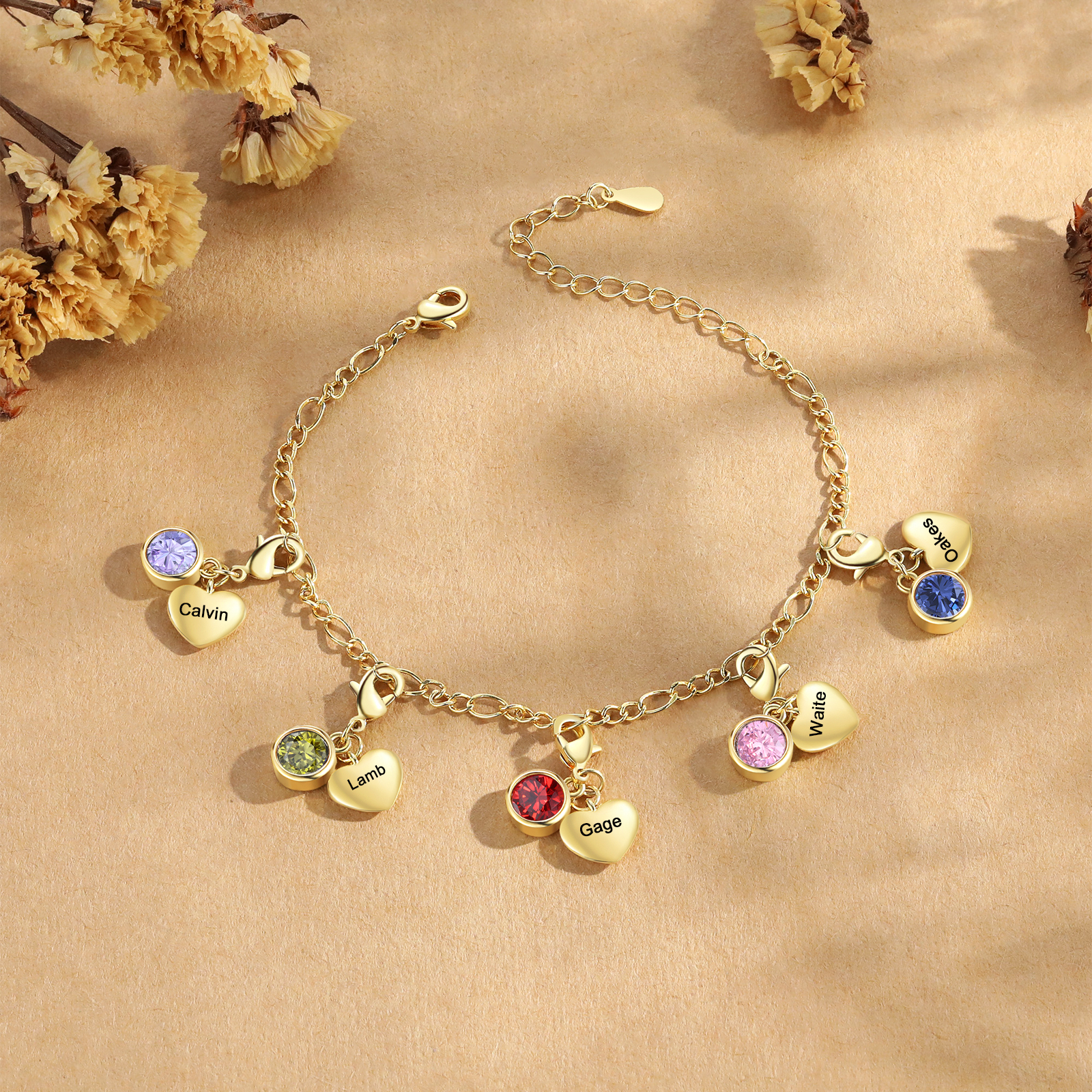 Pulsera con colgantes de 5 nombres y 5 piedras de nacimiento pulsera personalizada para mujer | Jessemade