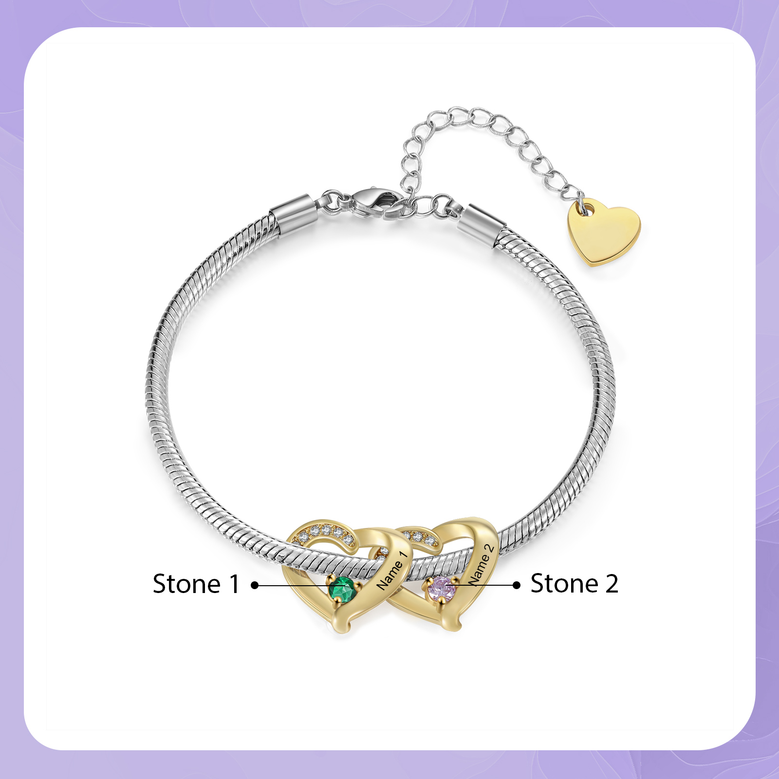 Pulsera de corazón personalizada con nombre y piedra de nacimiento