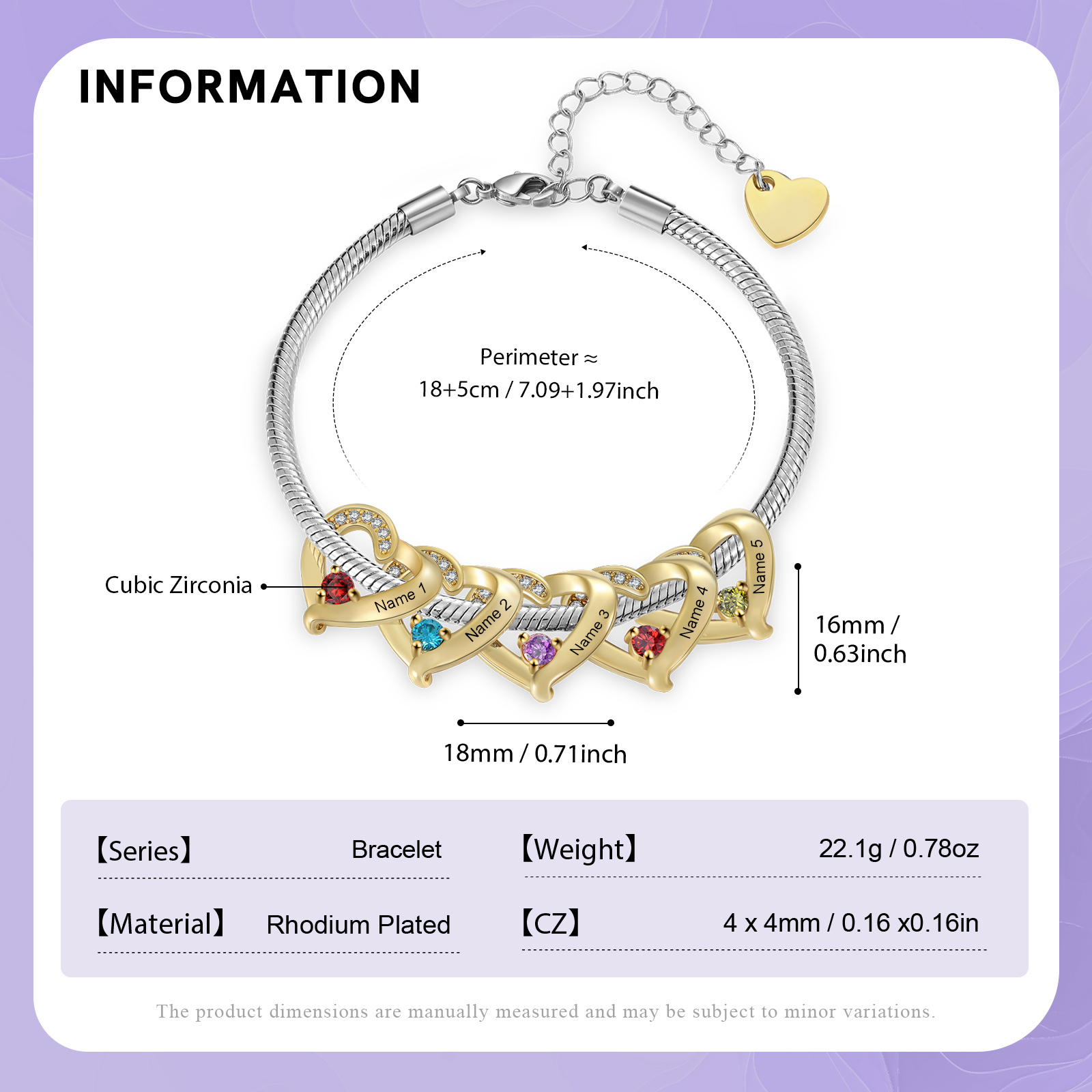 Pulsera de corazón personalizada con nombre y piedra de nacimiento