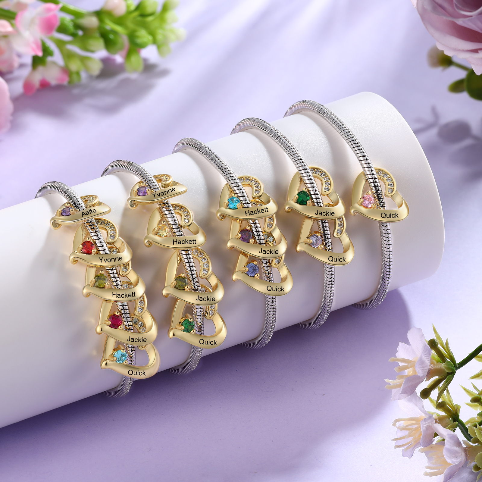 Pulsera de corazón personalizada con nombre y piedra de nacimiento