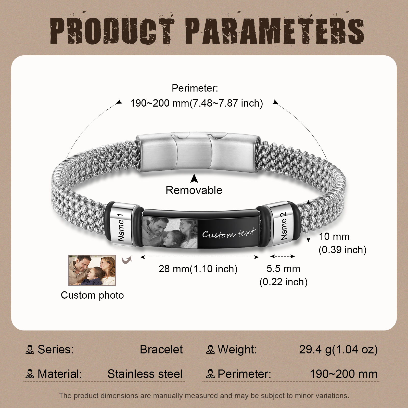 Pulsera de cadena para hombre con 2 nombres, texto y foto personalizados en aros y placa | Jessemade