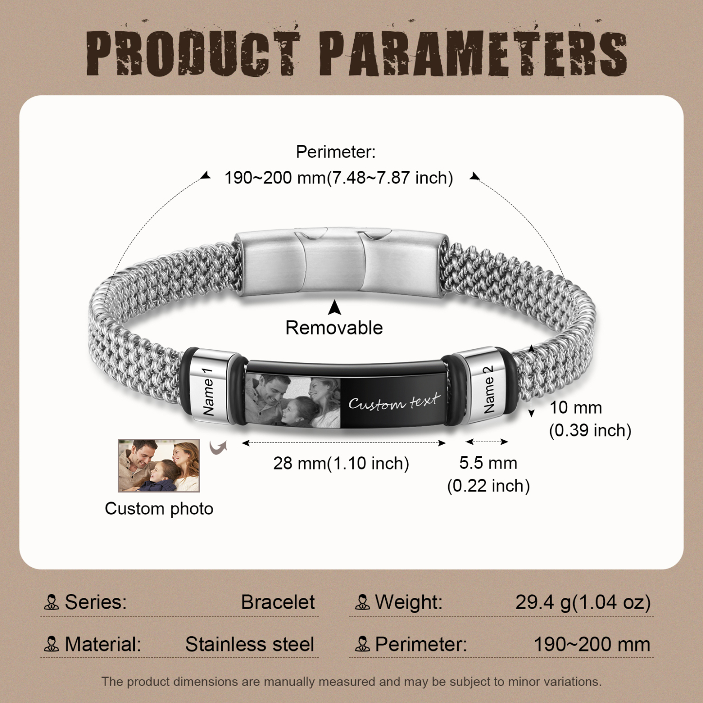 Pulsera de cadena para hombre con 2 nombres, texto y foto personalizados en aros y placa | Jessemade