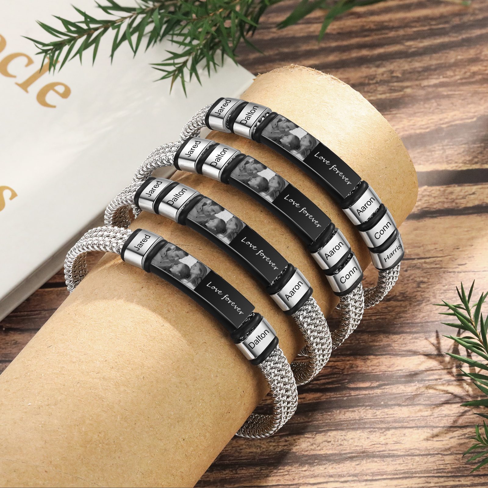 Pulsera de cadena para hombre con 5 nombres, texto y foto personalizados en aros y placa | Jessemade