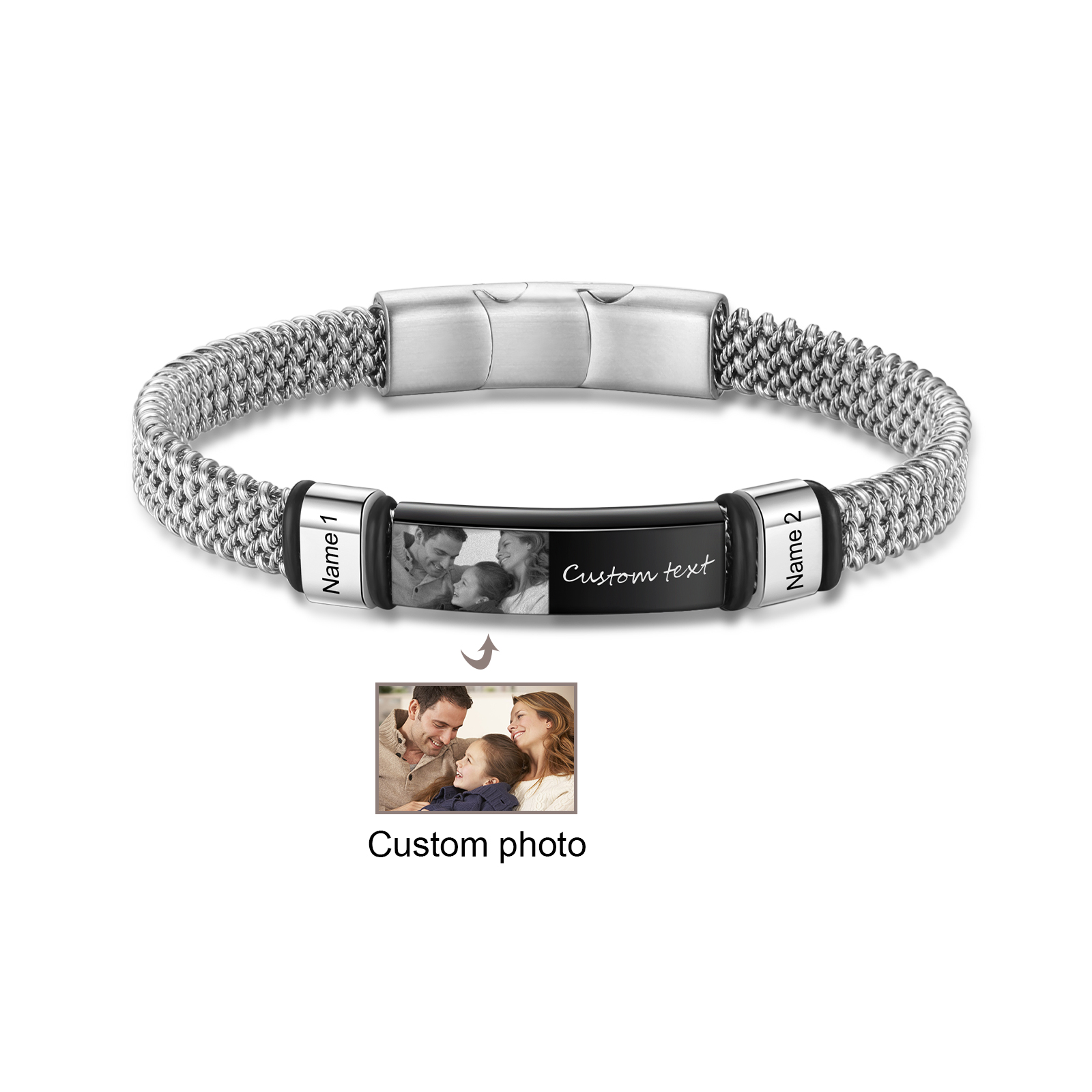 Pulsera de cadena para hombre con 2 nombres, texto y foto personalizados en aros y placa | Jessemade