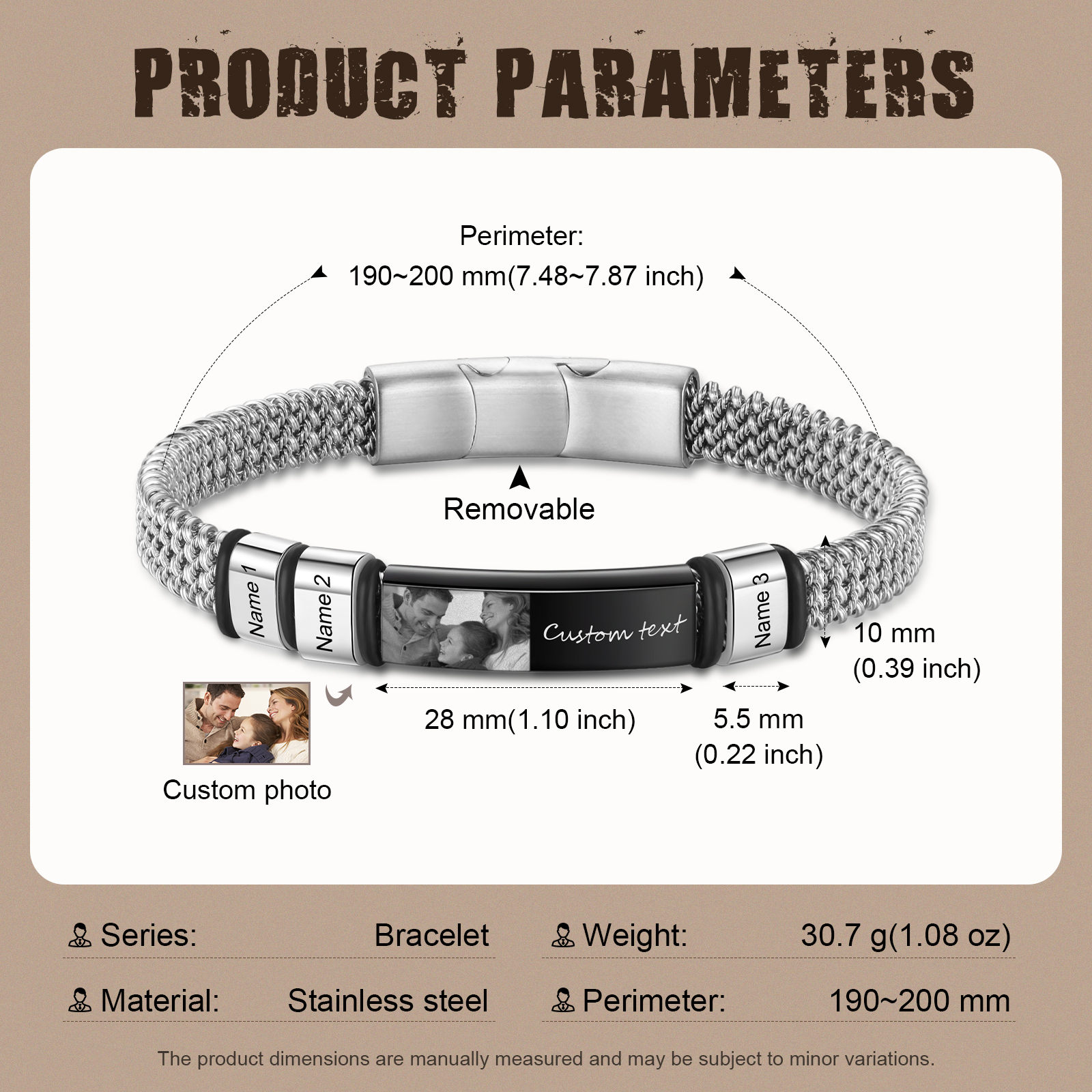 Pulsera de cadena para hombre con 3 nombres, texto y foto personalizados en aros y placa | Jessemade