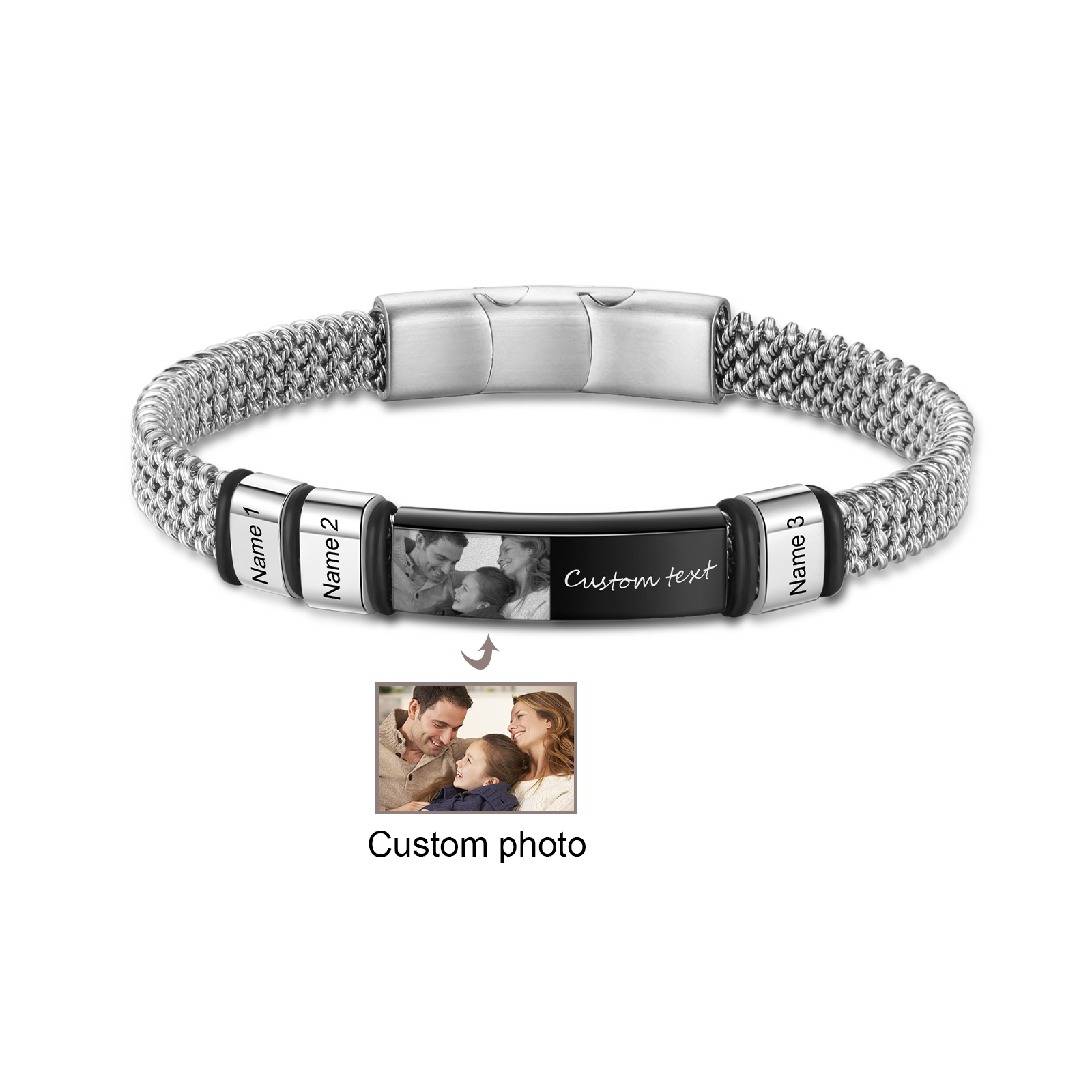 Pulsera de cadena para hombre con 3 nombres, texto y foto personalizados en aros y placa | Jessemade
