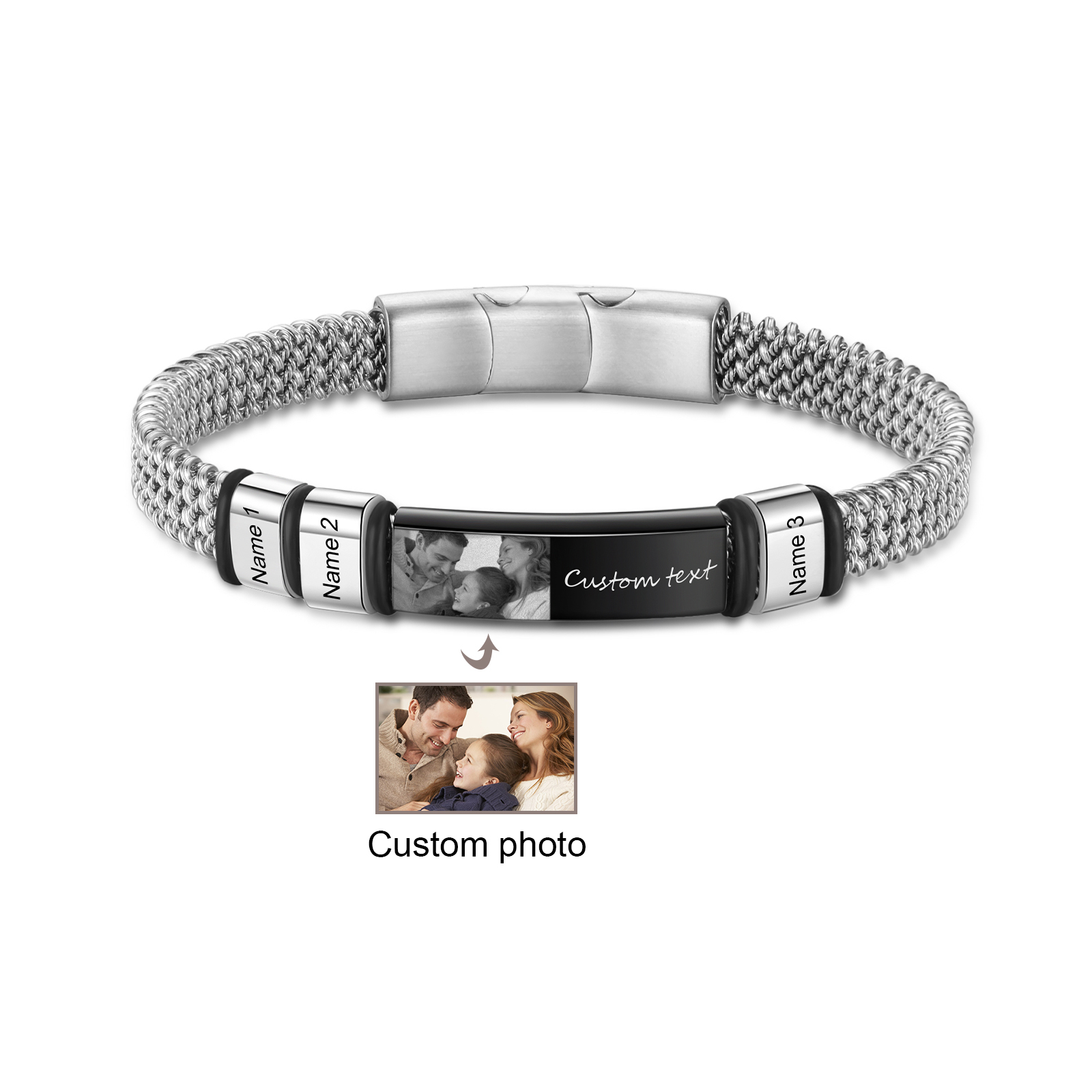 Pulsera de cadena para hombre con 3 nombres, texto y foto personalizados en aros y placa | Jessemade