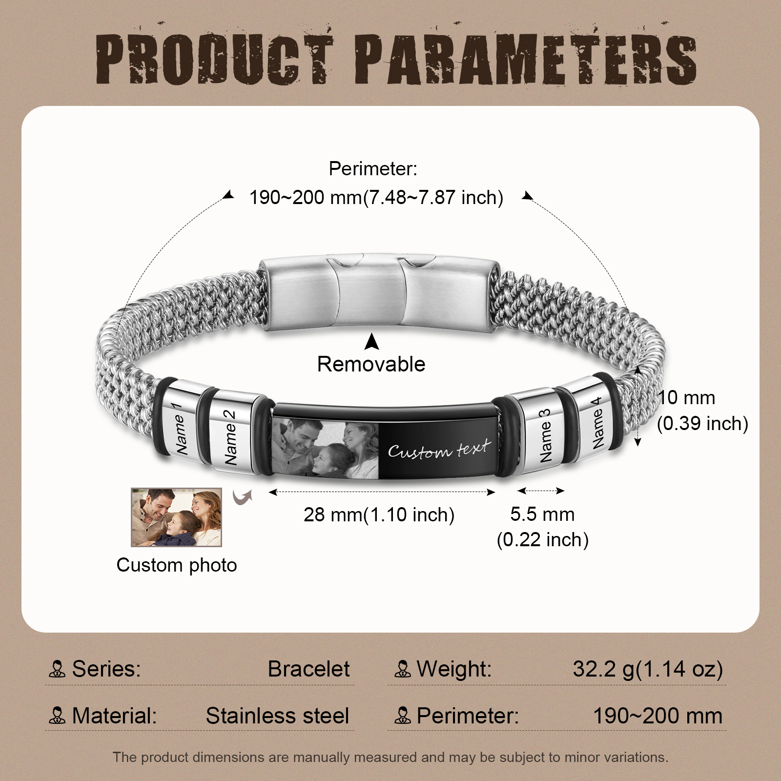 Pulsera de cadena para hombre con 4 nombres, texto y foto personalizados en aros y placa | Jessemade