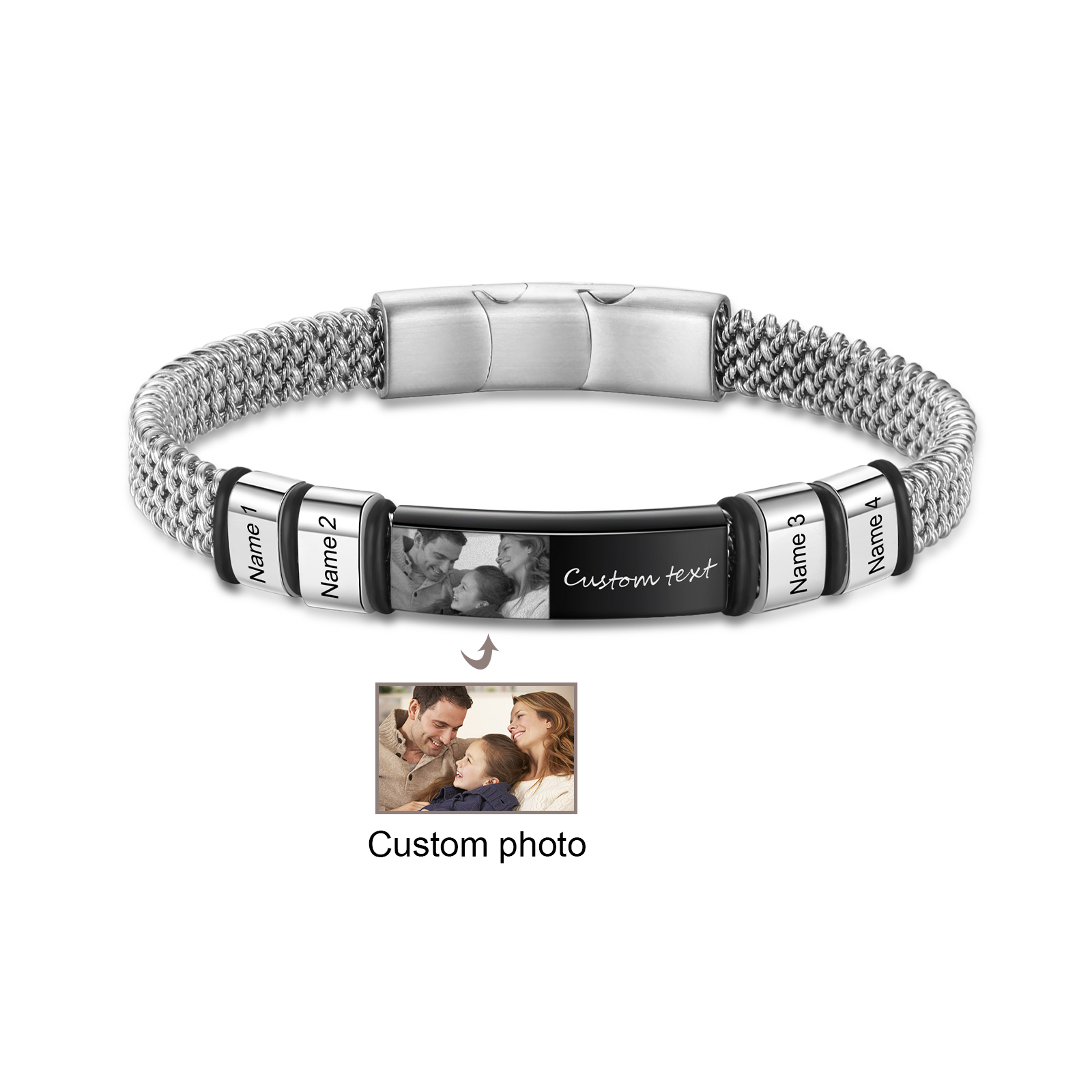 Pulsera de cadena para hombre con 4 nombres, texto y foto personalizados en aros y placa | Jessemade