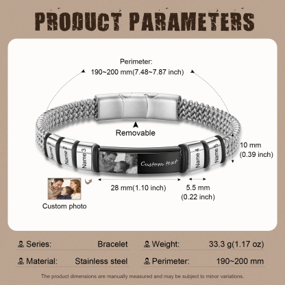 Pulsera de cadena para hombre con 5 nombres, texto y foto personalizados en aros y placa | Jessemade