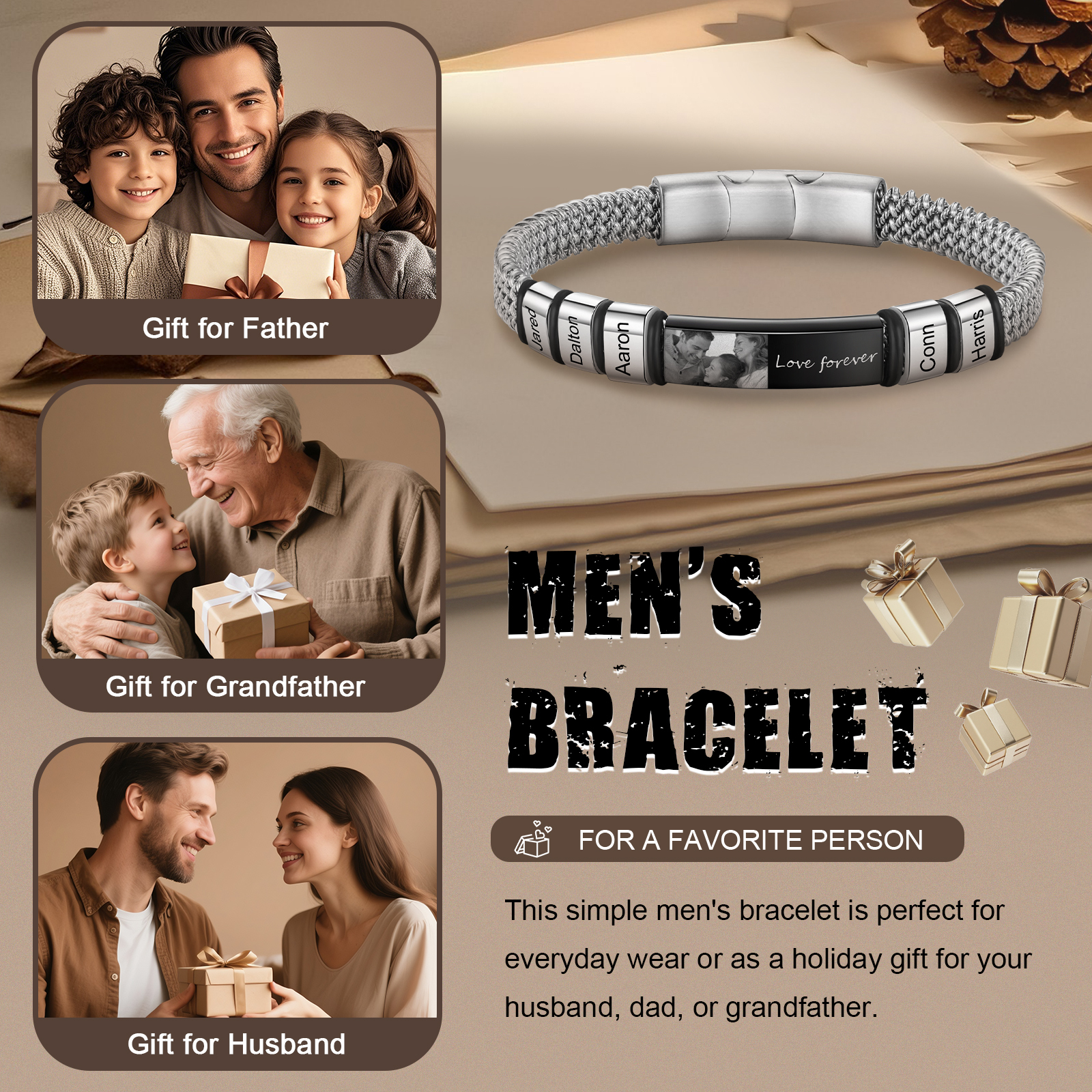 Pulsera de cadena para hombre con 5 nombres, texto y foto personalizados en aros y placa | Jessemade