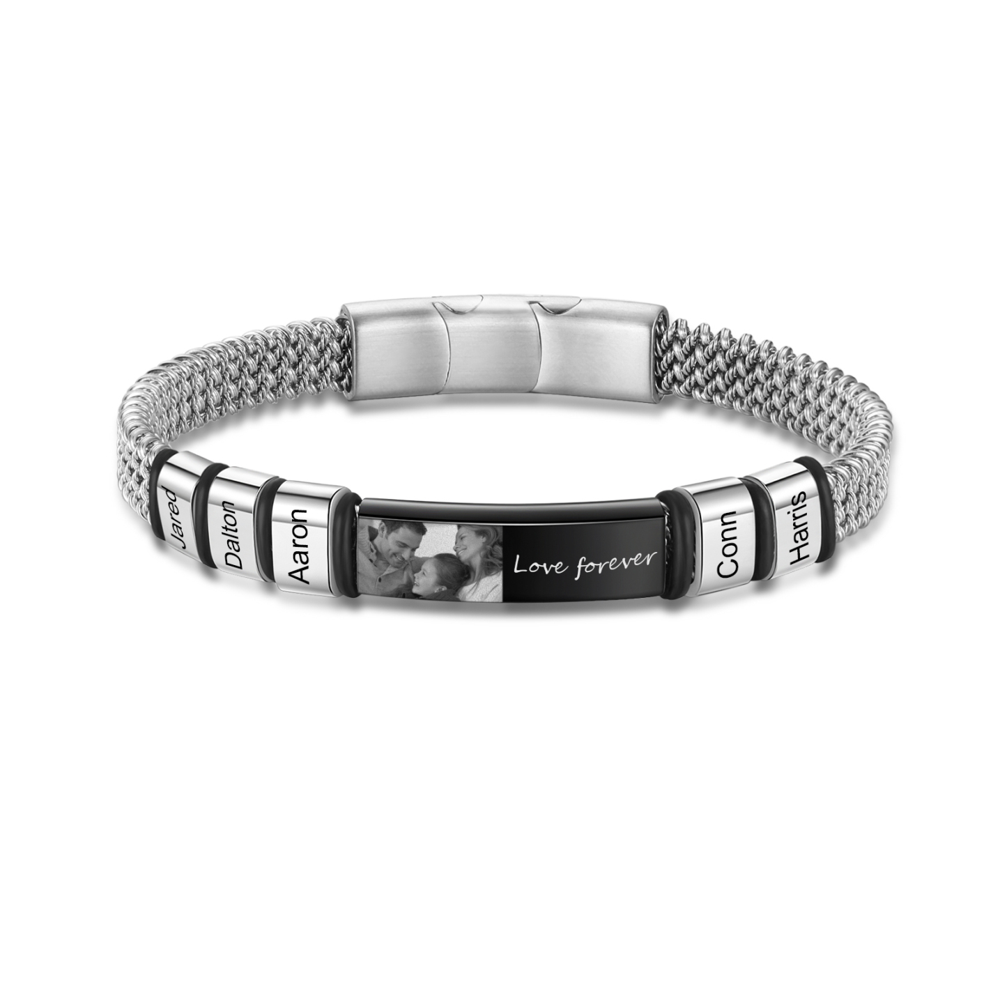 Pulsera de cadena para hombre con 5 nombres, texto y foto personalizados en aros y placa | Jessemade