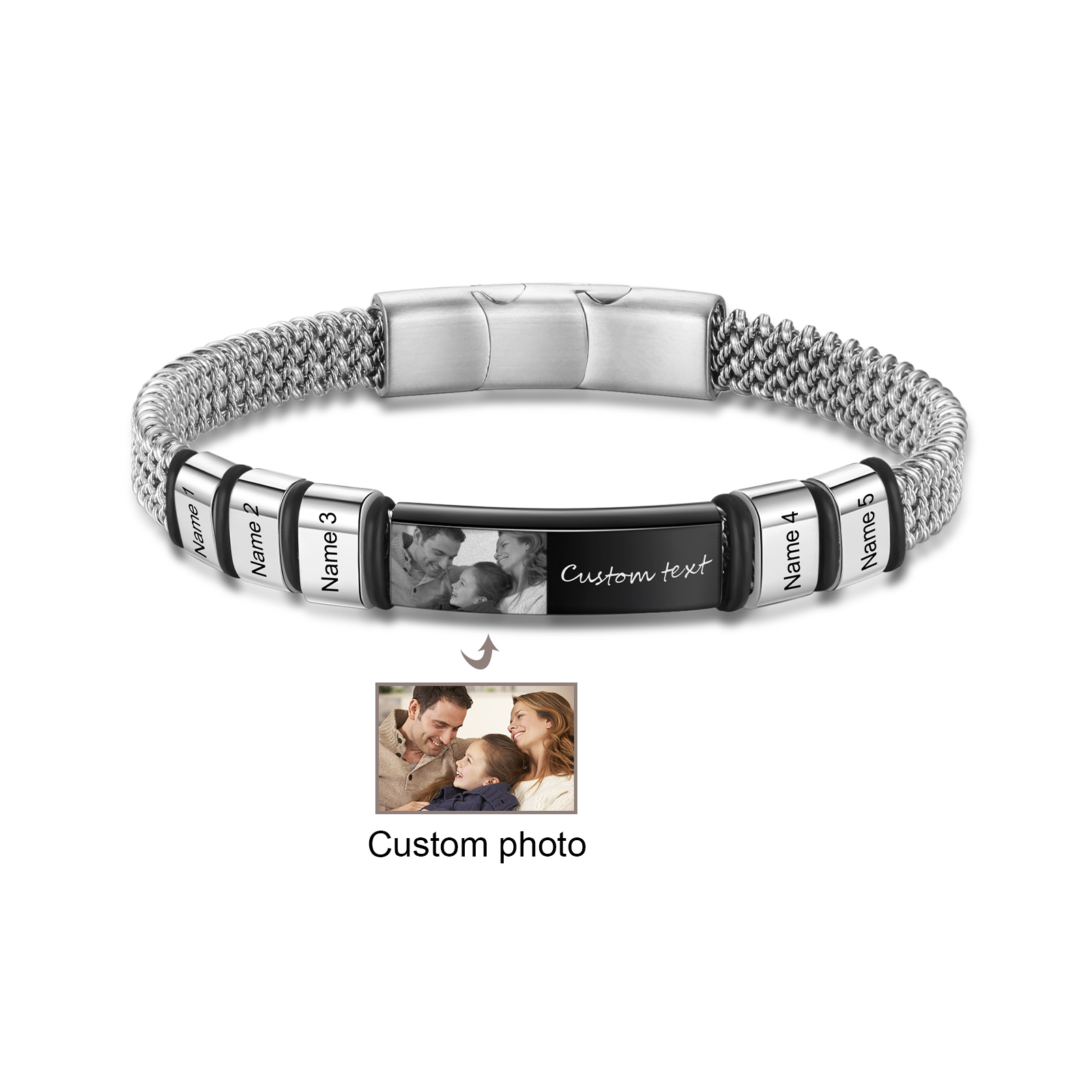 Pulsera de cadena para hombre con 5 nombres, texto y foto personalizados en aros y placa | Jessemade