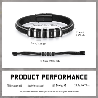 Pulsera clásica de cuero para hombre con 2 nombres personalizados en aros | Jessemade