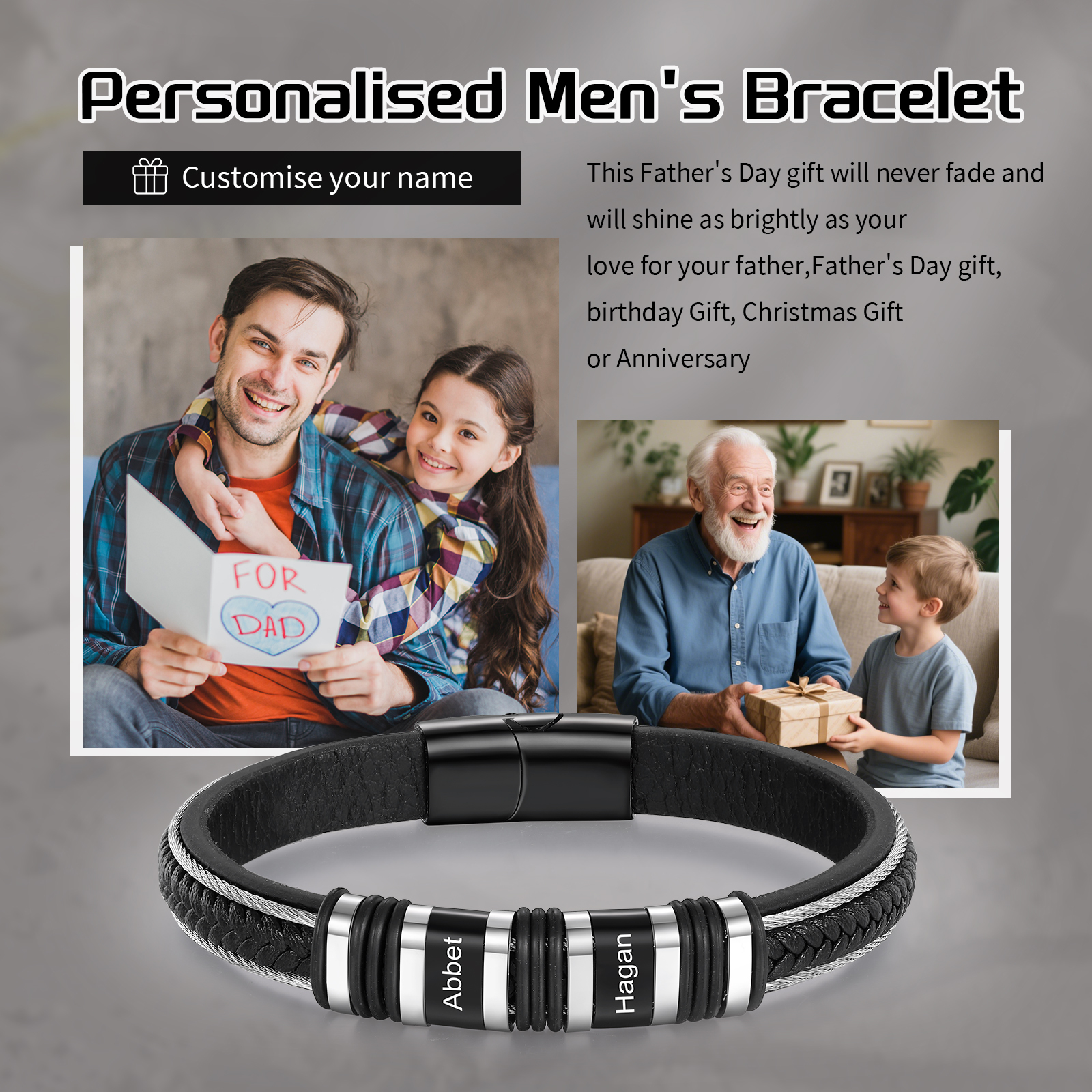 Pulsera clásica de cuero para hombre con 2 nombres personalizados en aros | Jessemade