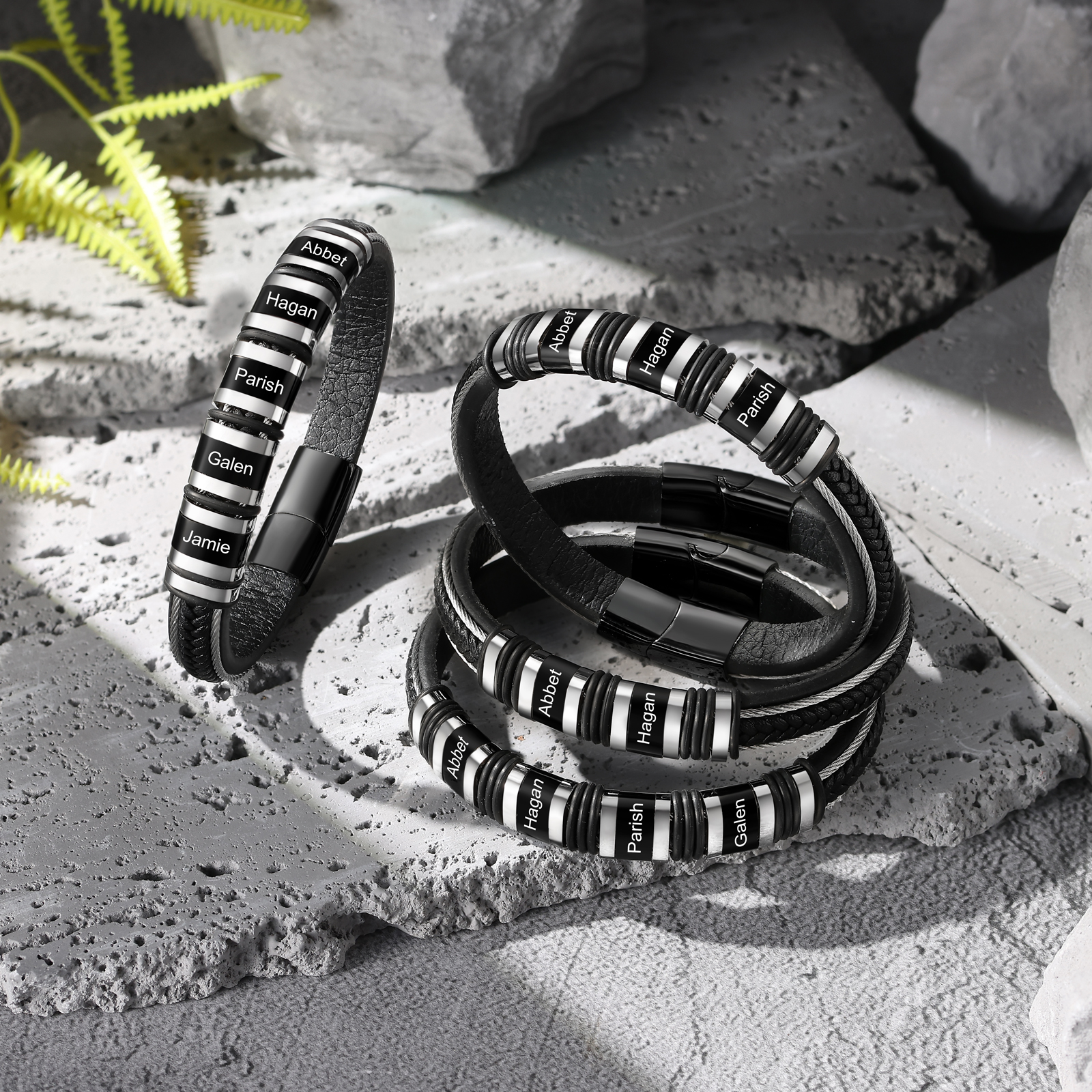 Pulsera clásica de cuero para hombre con 4 nombres personalizados en aros | Jessemade