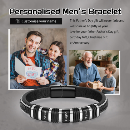 Pulsera clásica de cuero para hombre con 3 nombres personalizados en aros | Jessemade