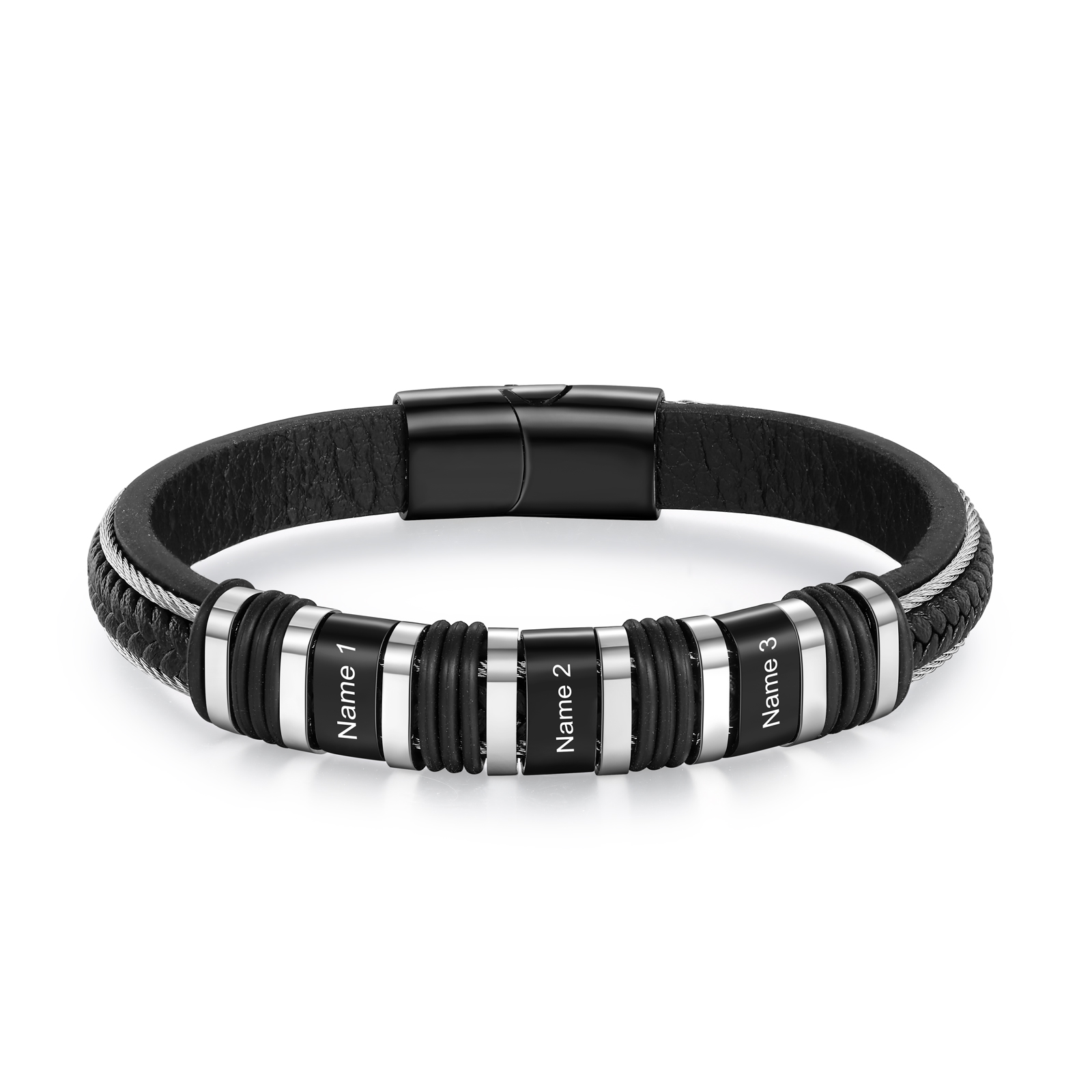 Pulsera clásica de cuero para hombre con 3 nombres personalizados en aros | Jessemade
