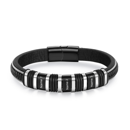 Pulsera clásica de cuero para hombre con 3 nombres personalizados en aros | Jessemade