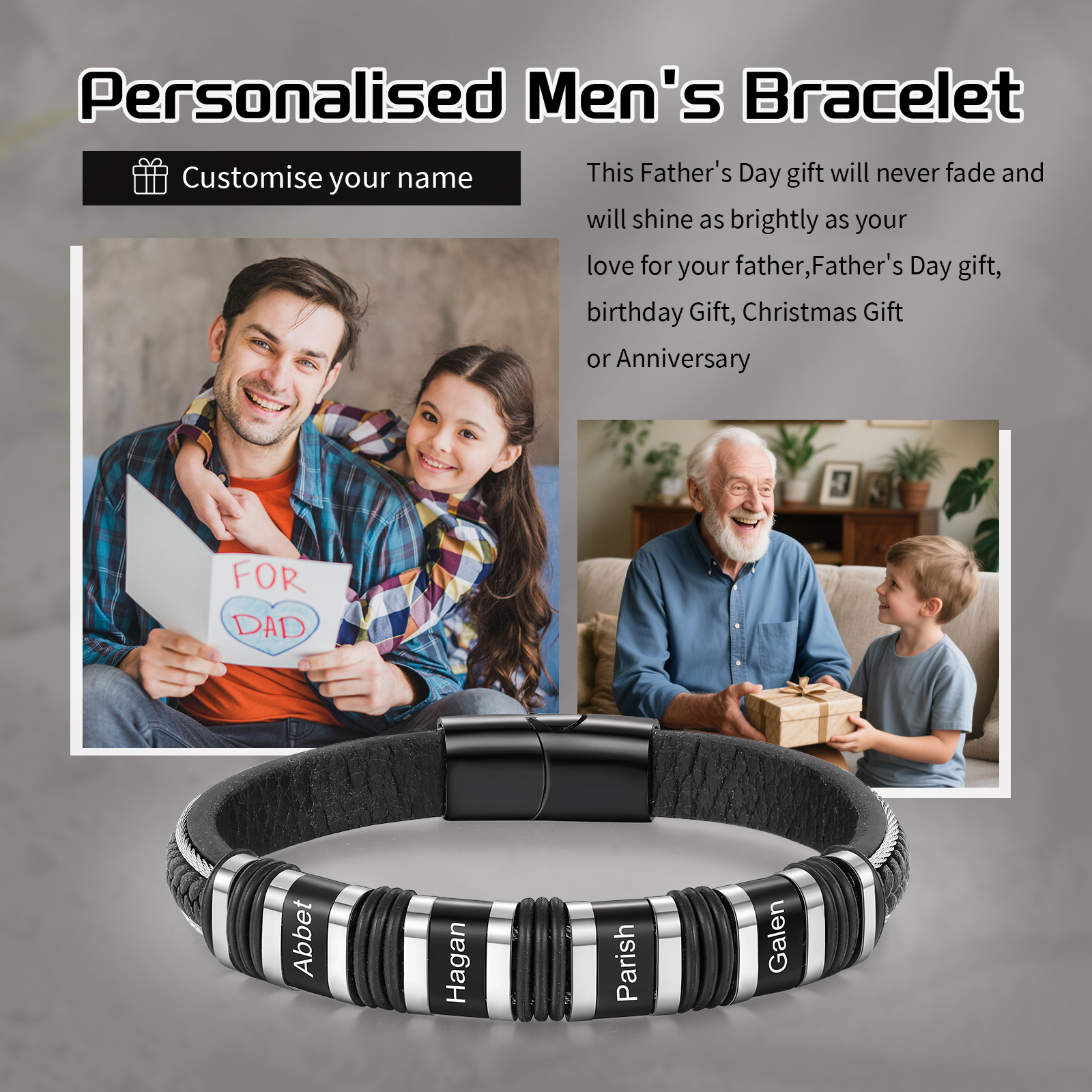 Pulsera clásica de cuero para hombre con 4 nombres personalizados en aros | Jessemade