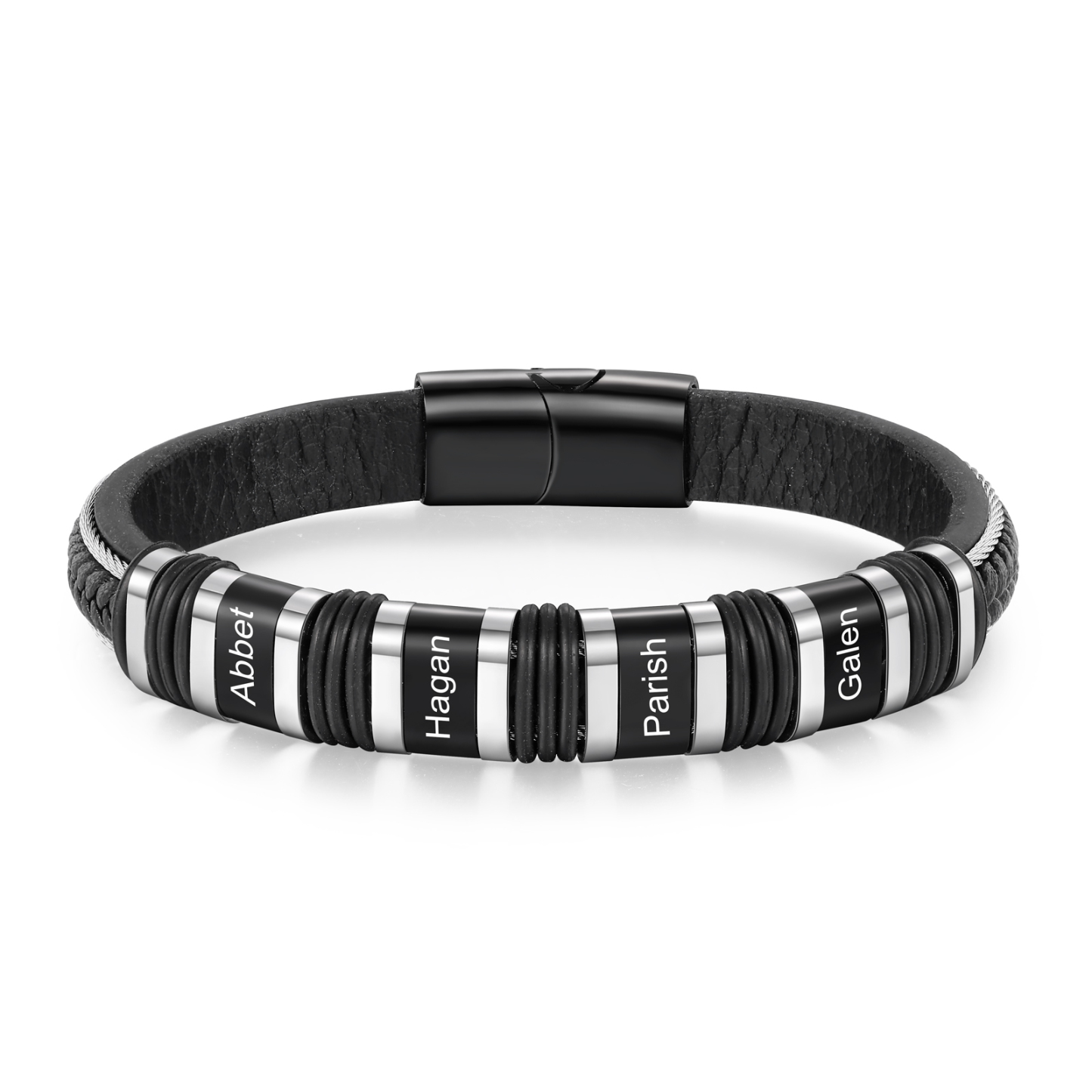 Pulsera clásica de cuero para hombre con 4 nombres personalizados en aros | Jessemade