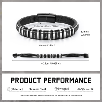 Pulsera clásica de cuero para hombre con 5 nombres personalizados en aros | Jessemade