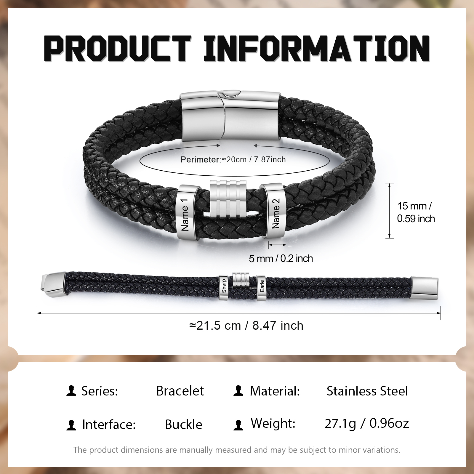 Pulsera de cuero doble cadena para hombre con 2 nombres personalizados en aros | Jessemade