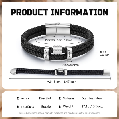 Pulsera de cuero doble cadena para hombre con 2 nombres personalizados en aros | Jessemade