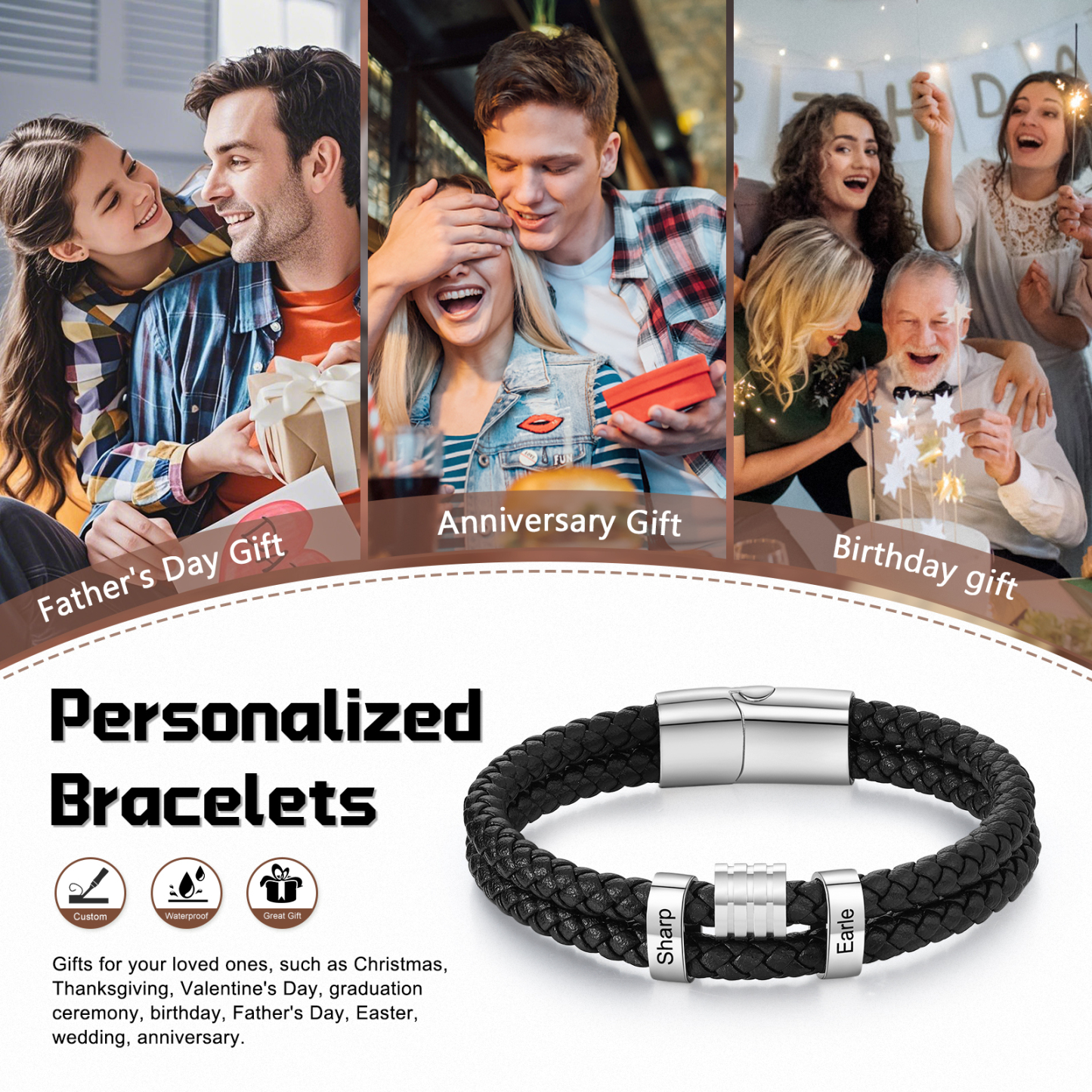 Pulsera de cuero doble cadena para hombre con 2 nombres personalizados en aros | Jessemade