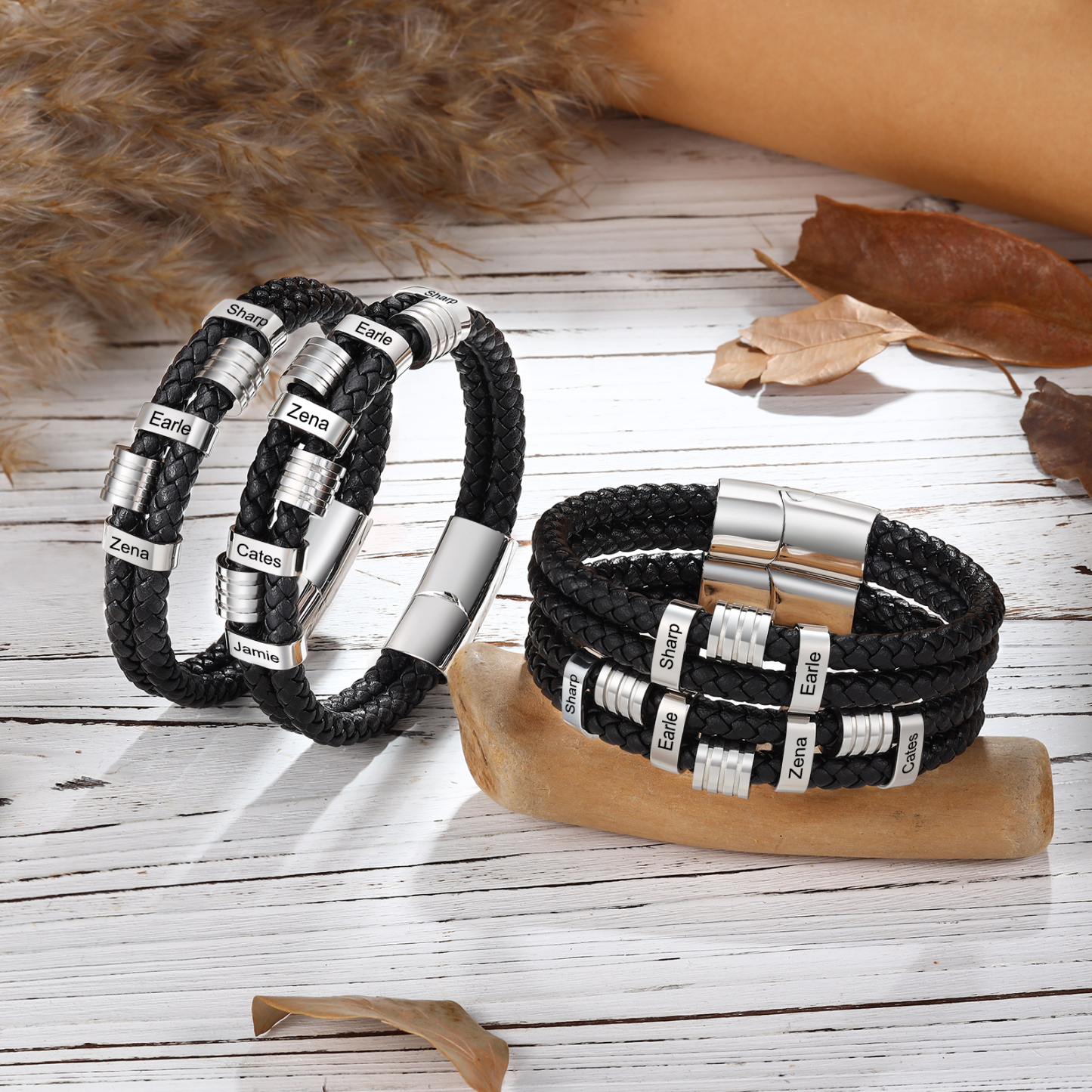 Pulsera de cuero doble cadena para hombre con 2 nombres personalizados en aros | Jessemade