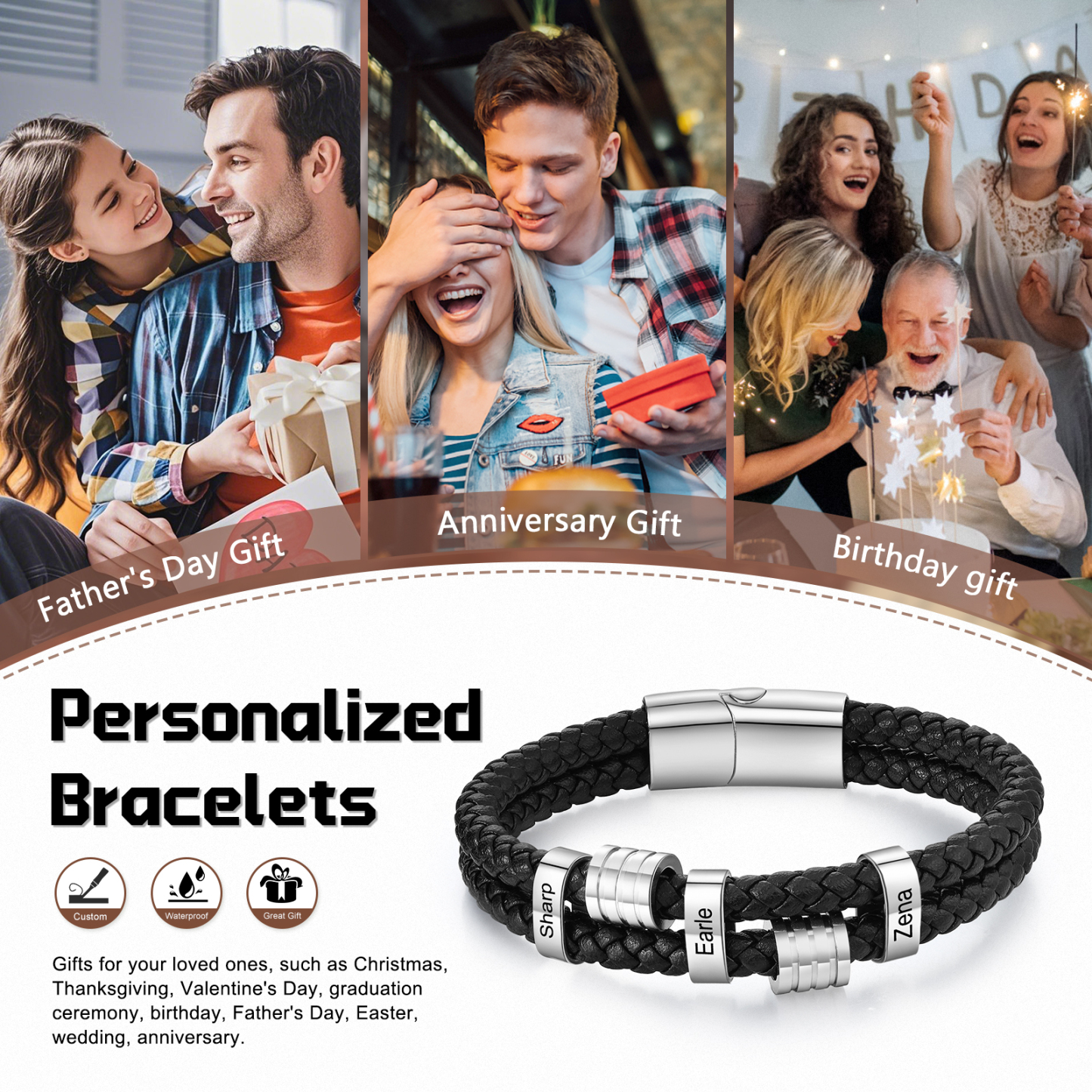 Pulsera de cuero doble cadena para hombre con 3 nombres personalizados en aros | Jessemade