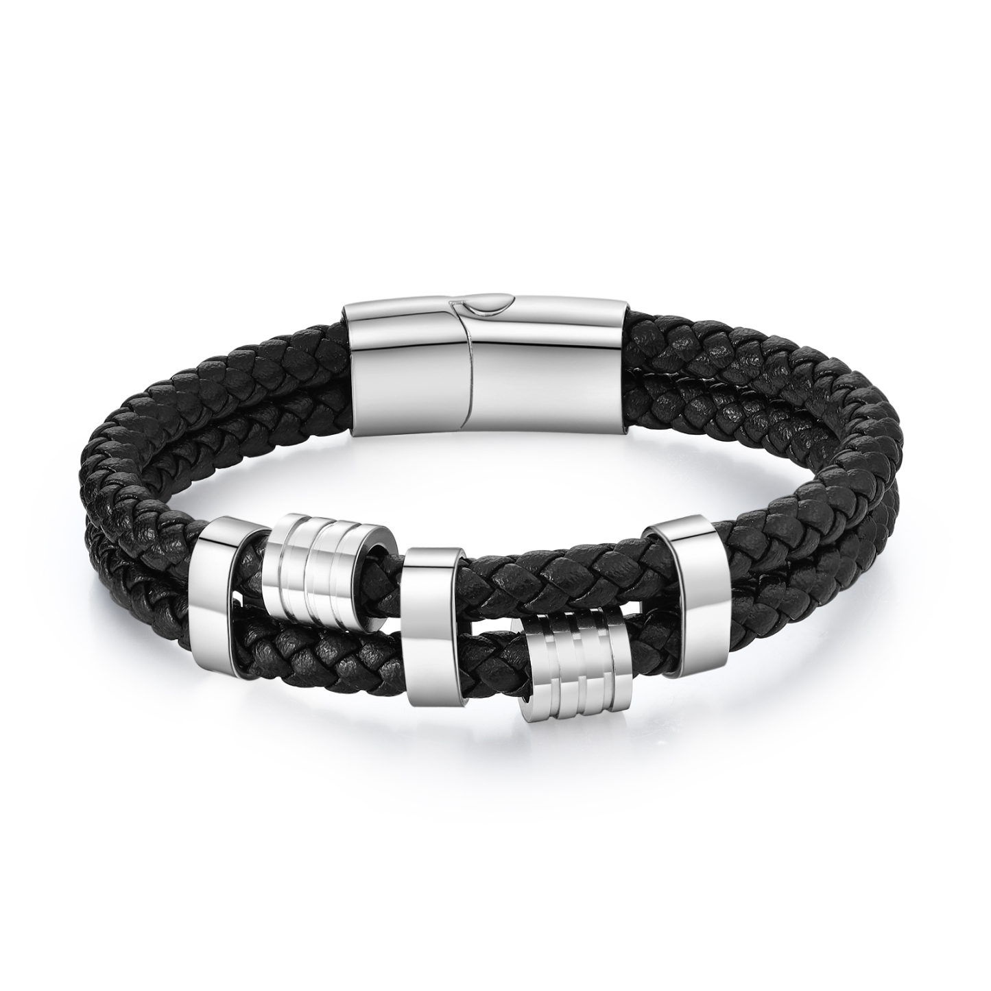 Pulsera de cuero doble cadena para hombre con 3 nombres personalizados en aros | Jessemade