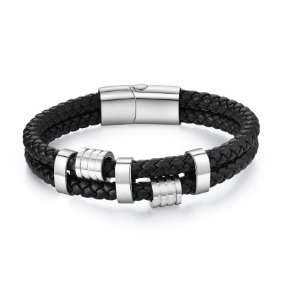 Pulsera de cuero doble cadena para hombre con 3 nombres personalizados en aros | Jessemade