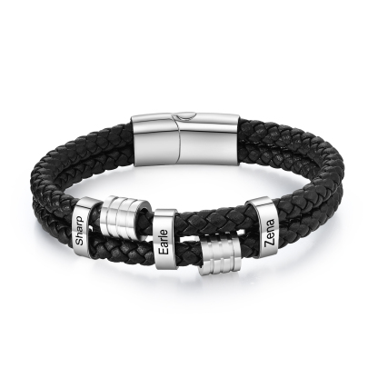 Pulsera de cuero doble cadena para hombre con 3 nombres personalizados en aros | Jessemade