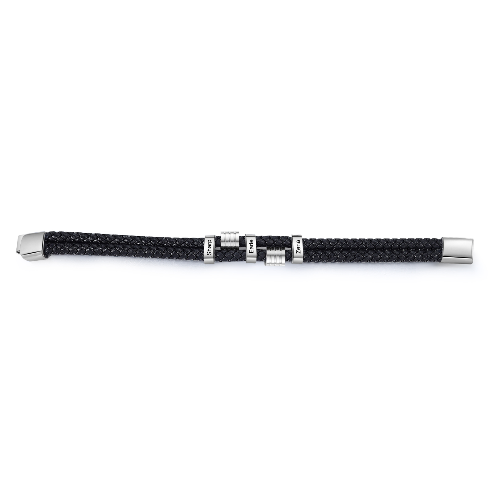 Pulsera de cuero doble cadena para hombre con 3 nombres personalizados en aros | Jessemade