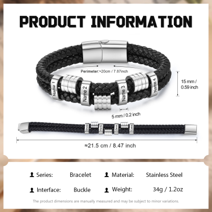 Pulsera de cuero doble cadena para hombre con 4 nombres personalizados en aros | Jessemade