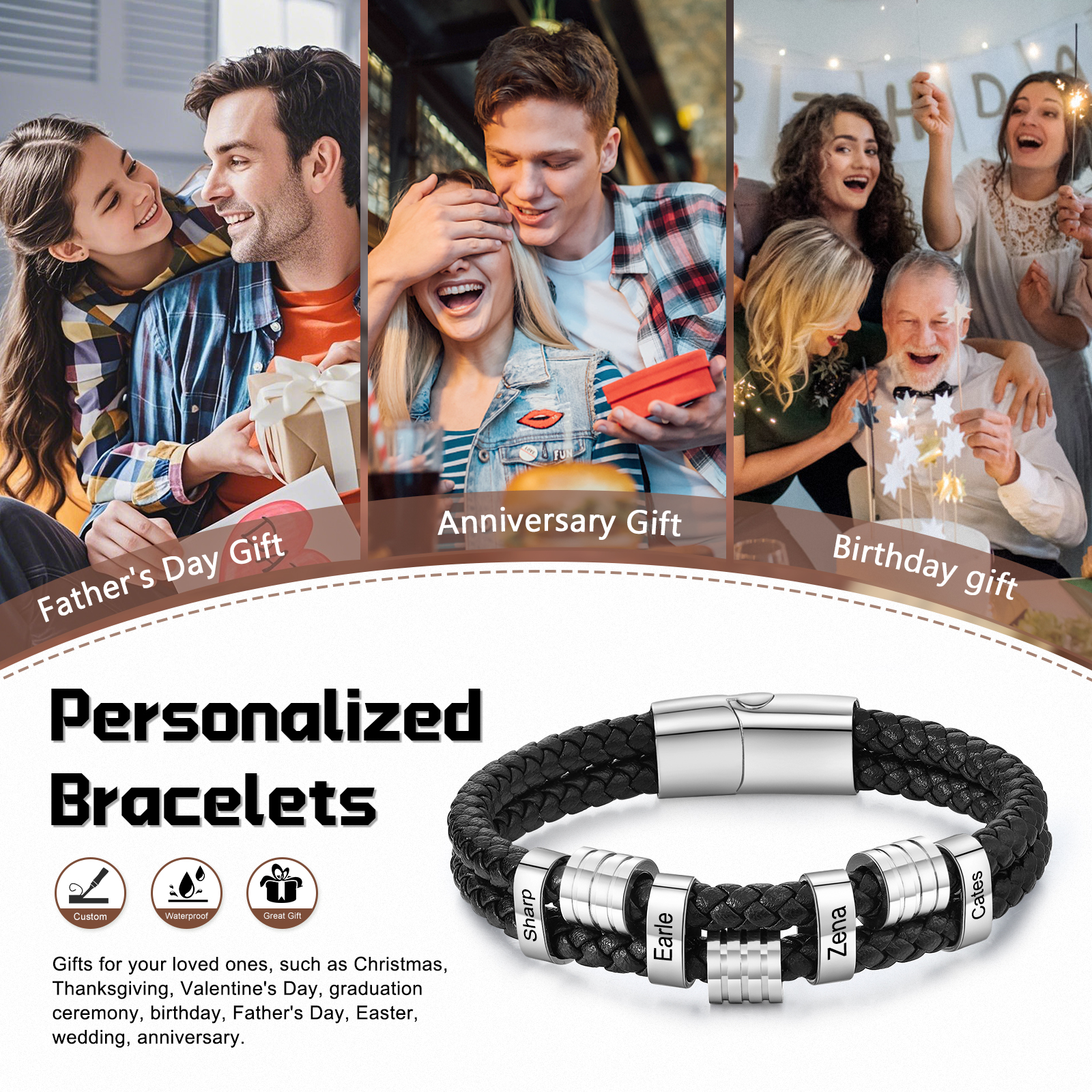 Pulsera de cuero doble cadena para hombre con 4 nombres personalizados en aros | Jessemade