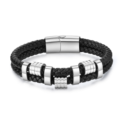 Pulsera de cuero doble cadena para hombre con 4 nombres personalizados en aros | Jessemade