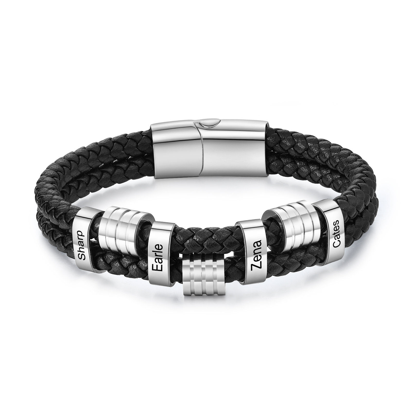 Pulsera de cuero doble cadena para hombre con 4 nombres personalizados en aros | Jessemade