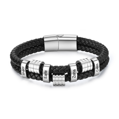 Pulsera de cuero doble cadena para hombre con 4 nombres personalizados en aros | Jessemade