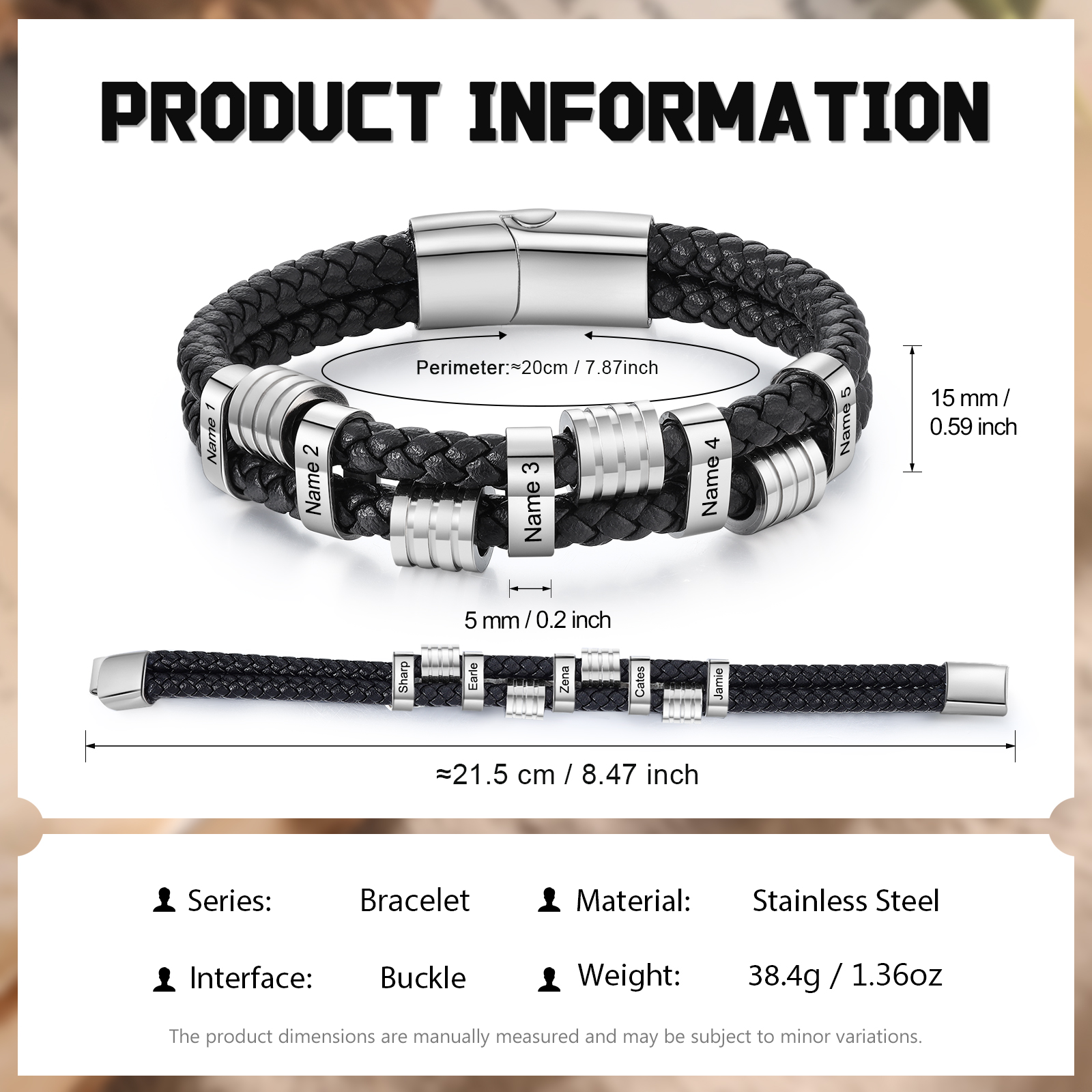 Pulsera de cuero doble cadena para hombre con 5 nombres personalizados en aros | Jessemade