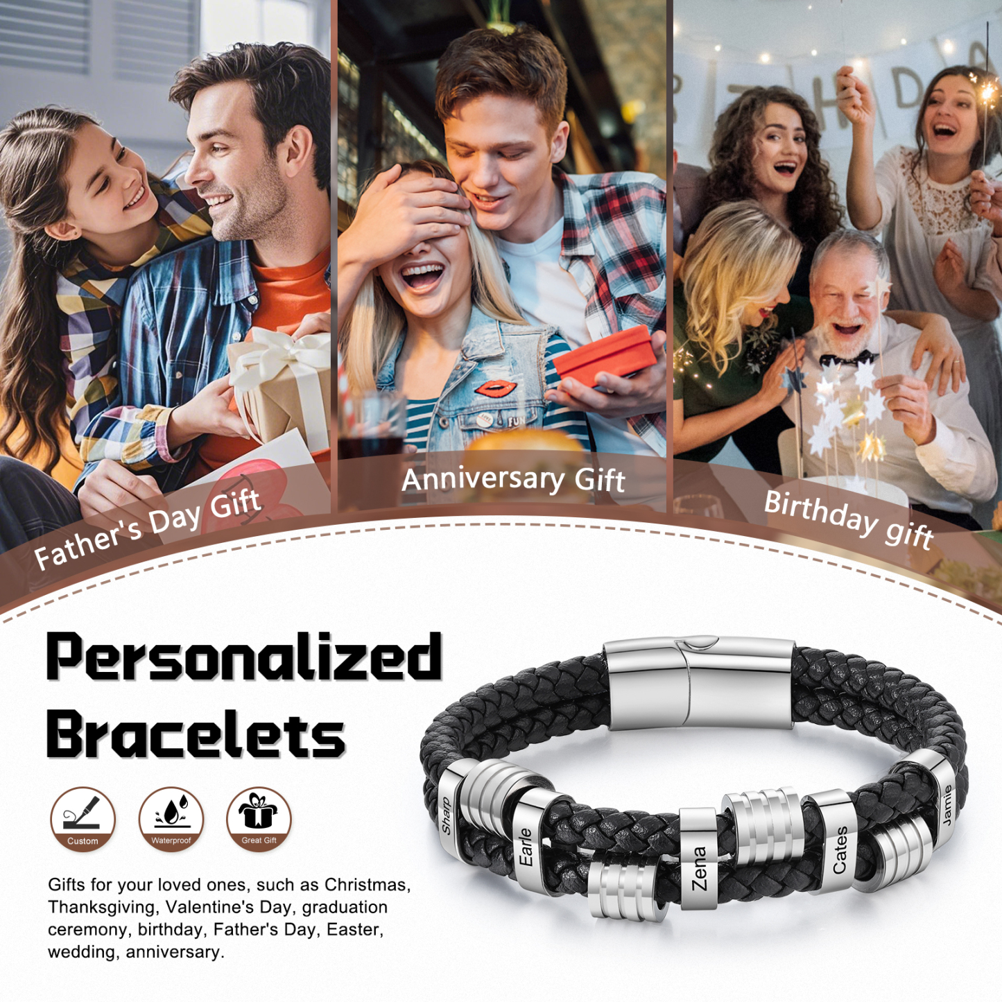 Pulsera de cuero doble cadena para hombre con 5 nombres personalizados en aros | Jessemade