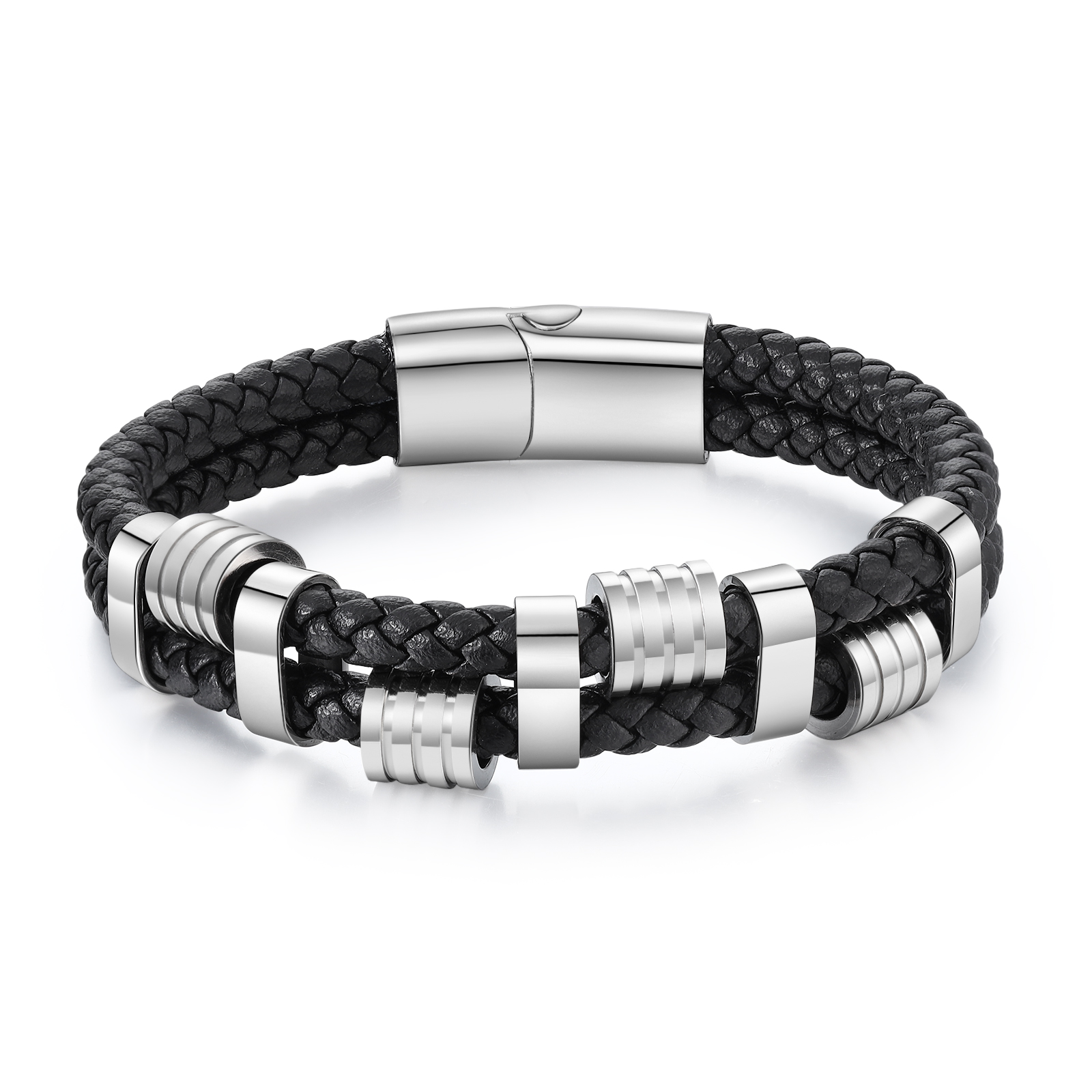 Pulsera de cuero doble cadena para hombre con 5 nombres personalizados en aros | Jessemade