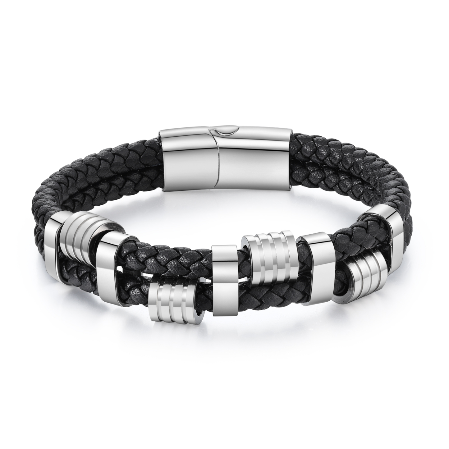Pulsera de cuero doble cadena para hombre con 5 nombres personalizados en aros | Jessemade