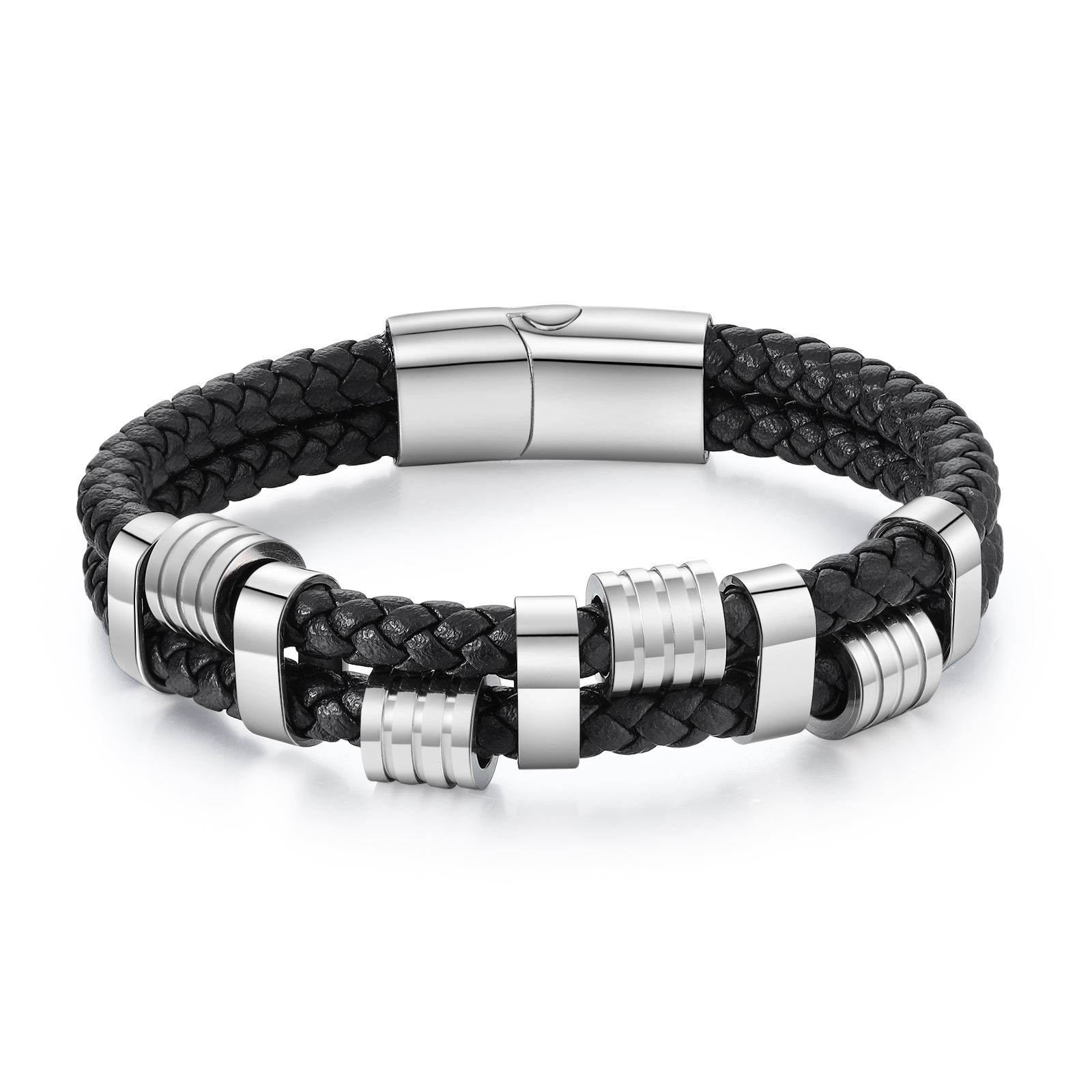 Pulsera de cuero doble cadena para hombre con 5 nombres personalizados en aros | Jessemade