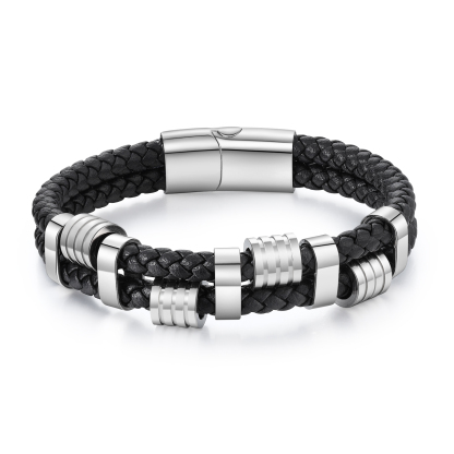 Pulsera de cuero doble cadena para hombre con 5 nombres personalizados en aros | Jessemade