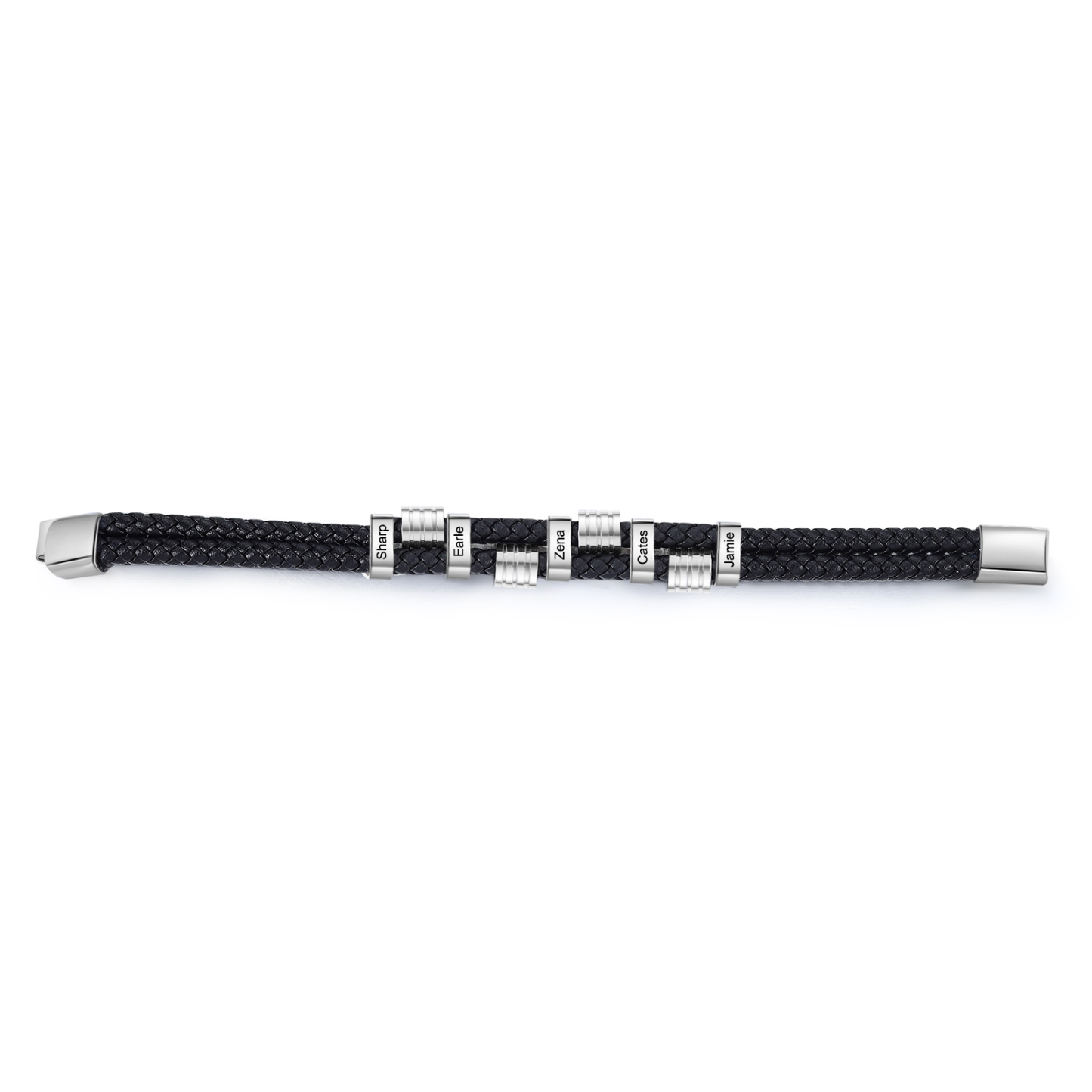 Pulsera de cuero doble cadena para hombre con 5 nombres personalizados en aros | Jessemade