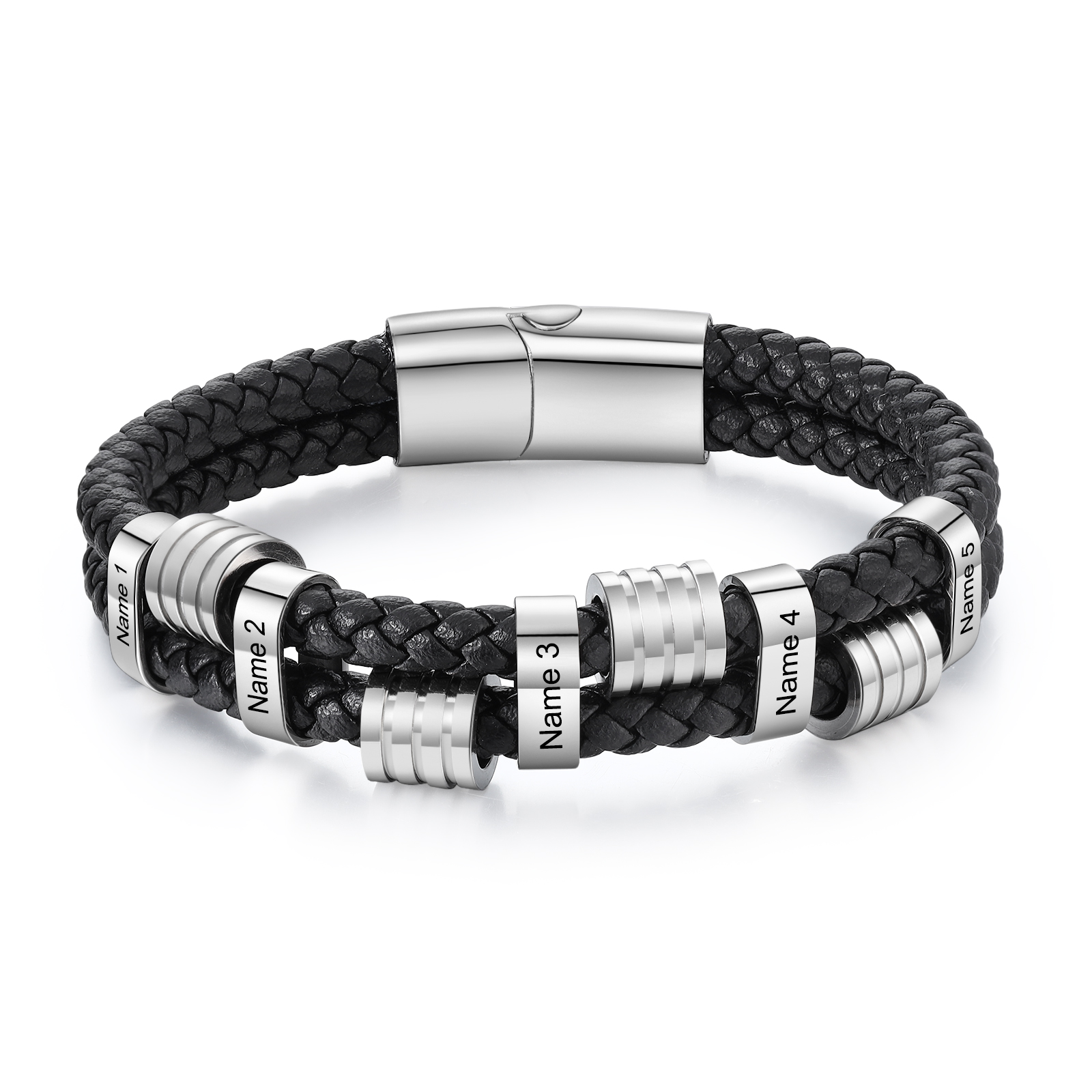 Pulsera de cuero doble cadena para hombre con 5 nombres personalizados en aros | Jessemade
