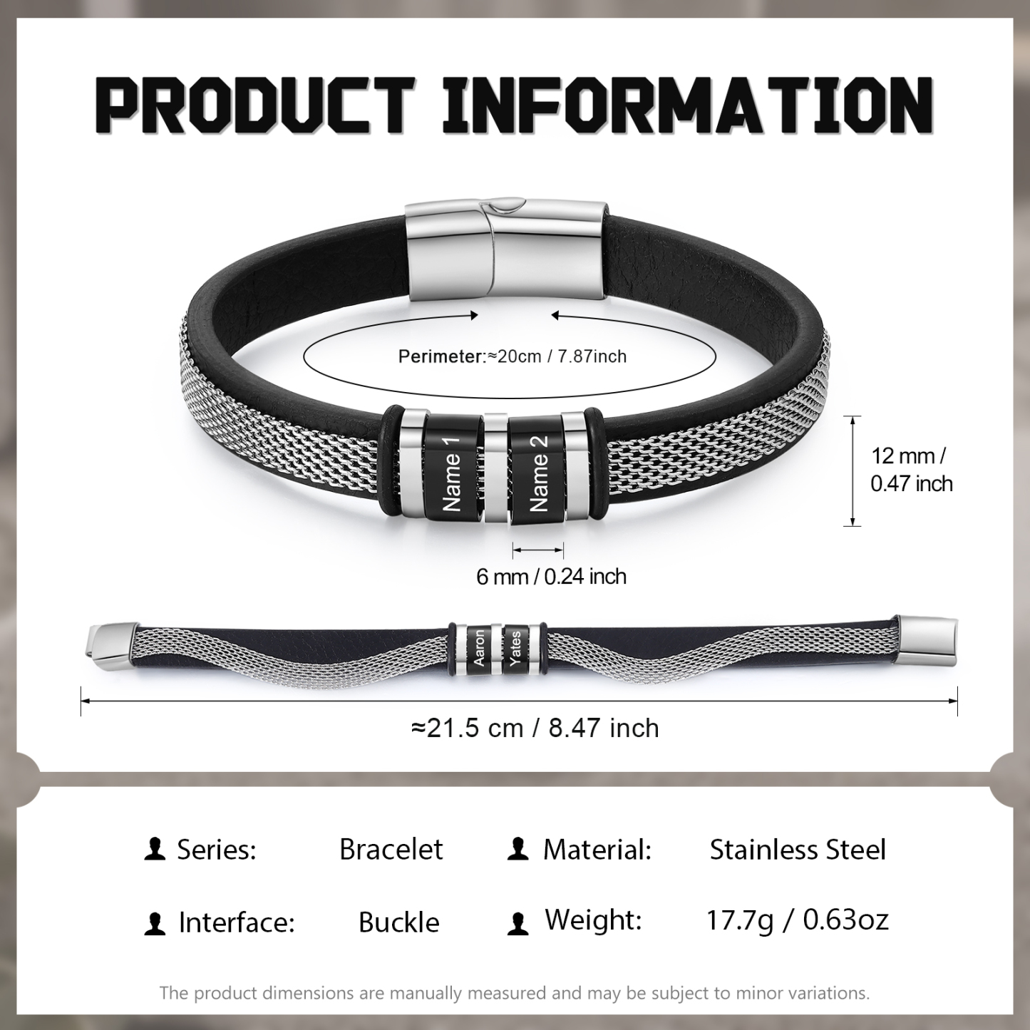 Pulsera de cadena y cuero para hombre con 2 nombres personalizados en aros | Jessemade